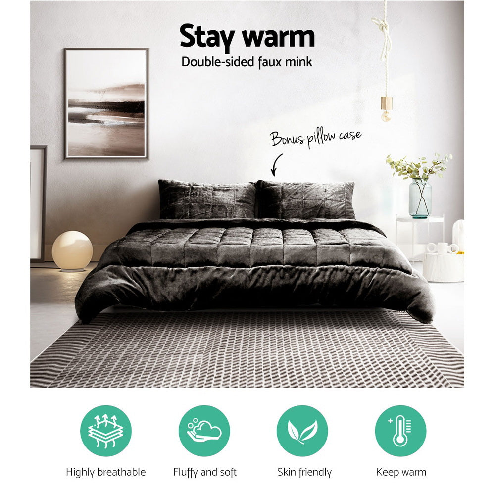 Mink Quilt Plush Throw Blanket Comforter Duvet Cover Charcoal Double