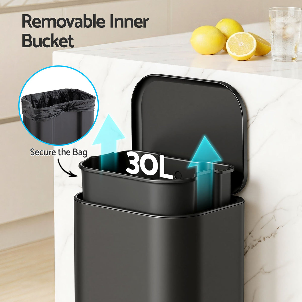 30L Pedal Rubbish Bin with Soft Close Lid - Black