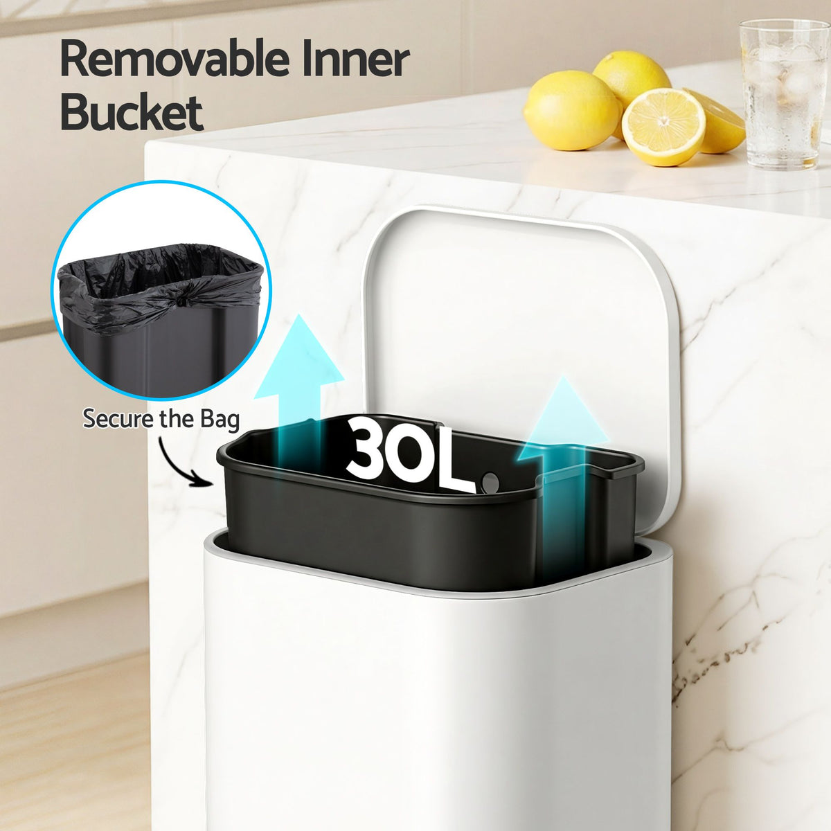 30L Pedal Rubbish Bin with Soft Close Lid - White
