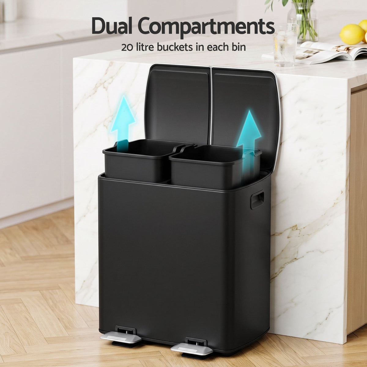 Pedal Bin Dual Compartment 40L Waste Recycle Dustbin - Black