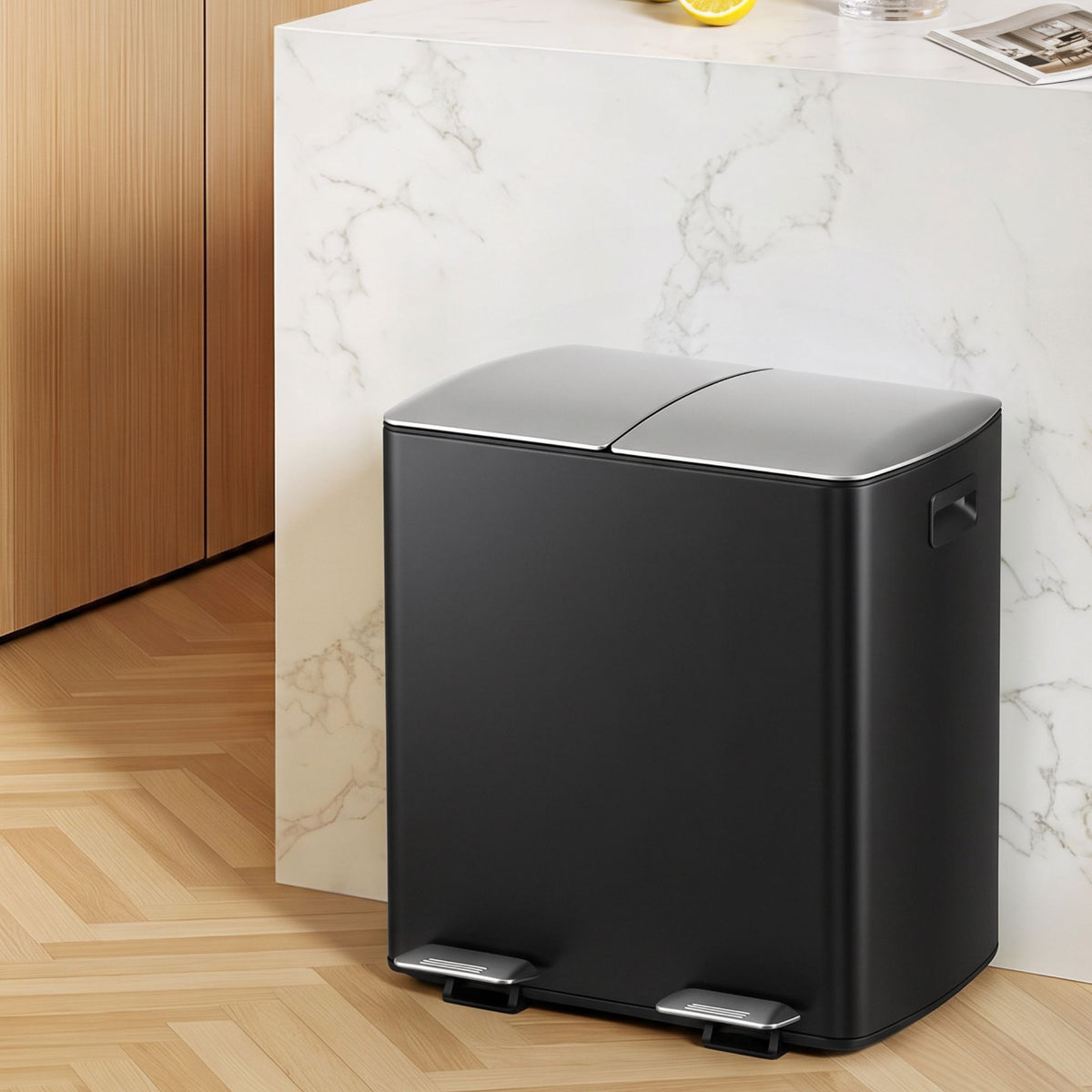 Pedal Bin Dual Compartment 40L Waste Recycle Dustbin - Black