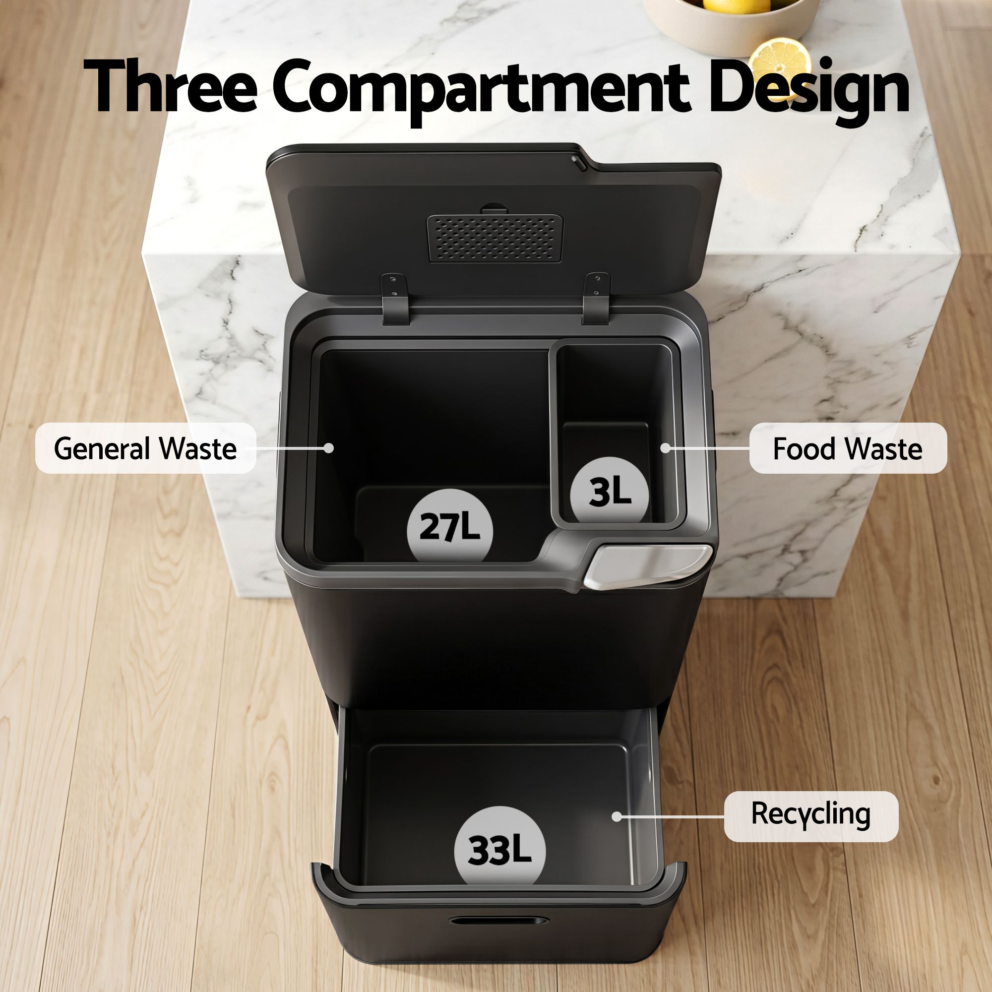 63L 3-Compartment Carbon Steel Split Door Rubbish Bin - Black