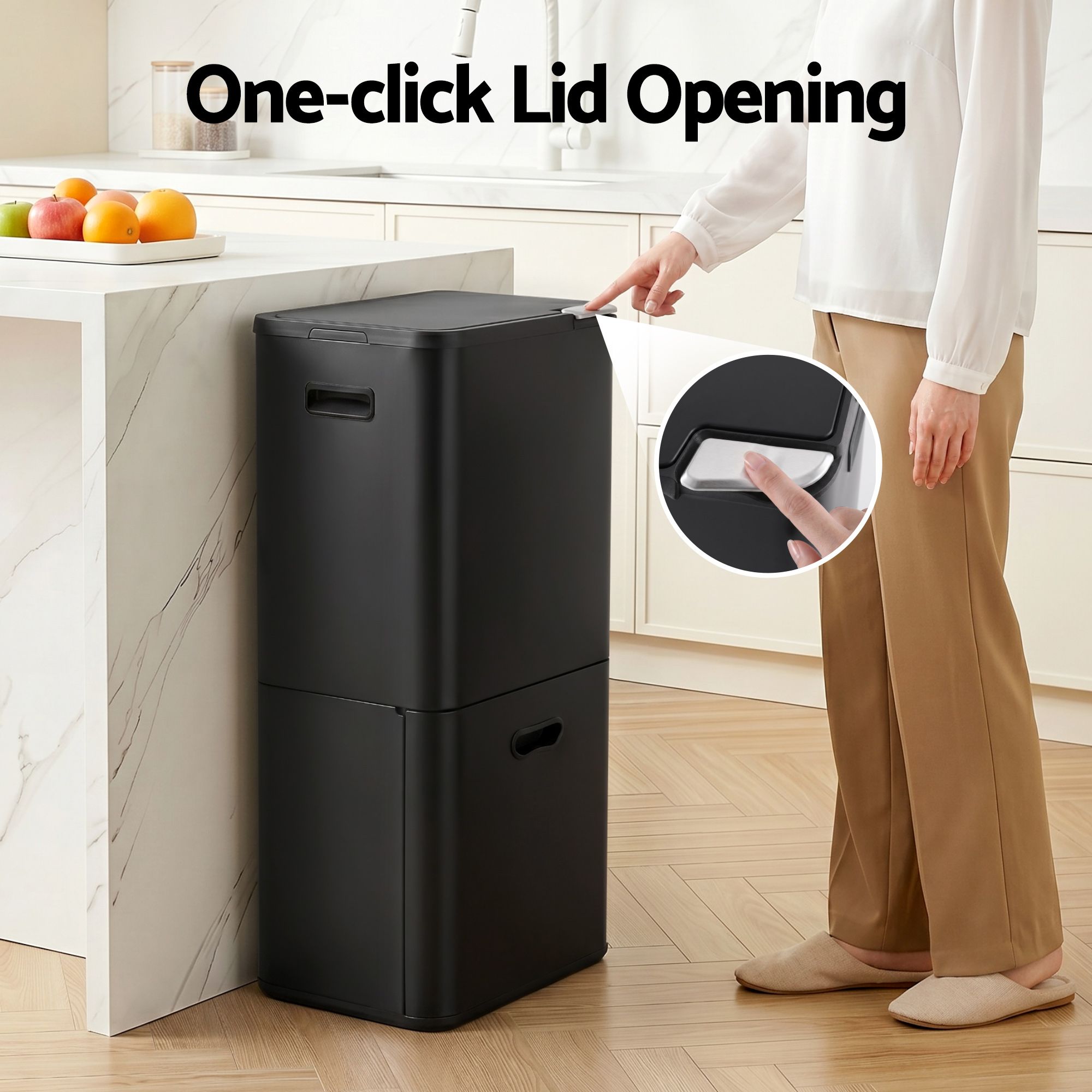 63L 3-Compartment Carbon Steel Split Door Rubbish Bin - Black