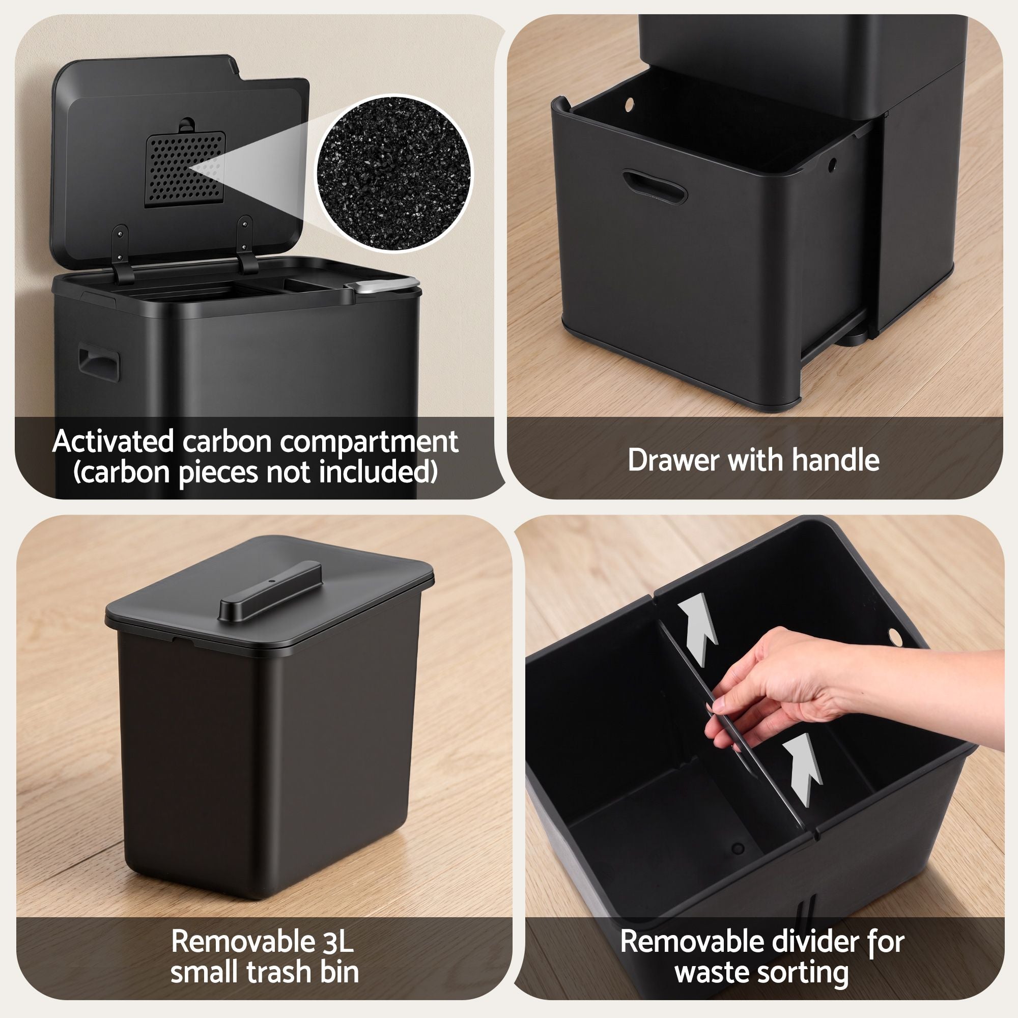 63L 3-Compartment Carbon Steel Split Door Rubbish Bin - Black
