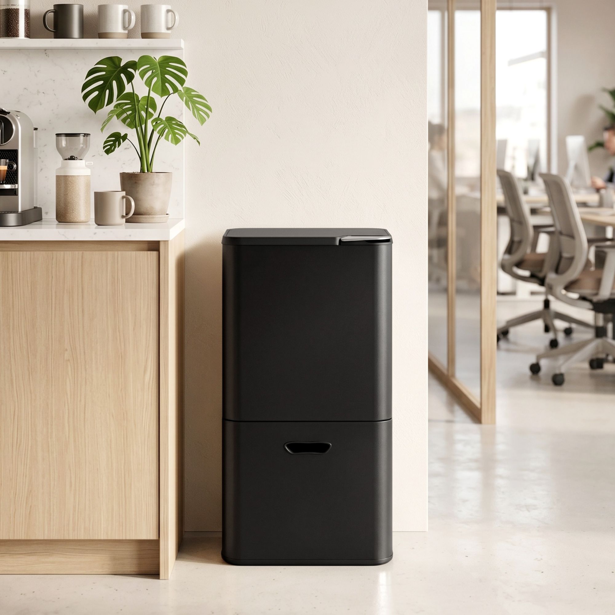63L 3-Compartment Carbon Steel Split Door Rubbish Bin - Black