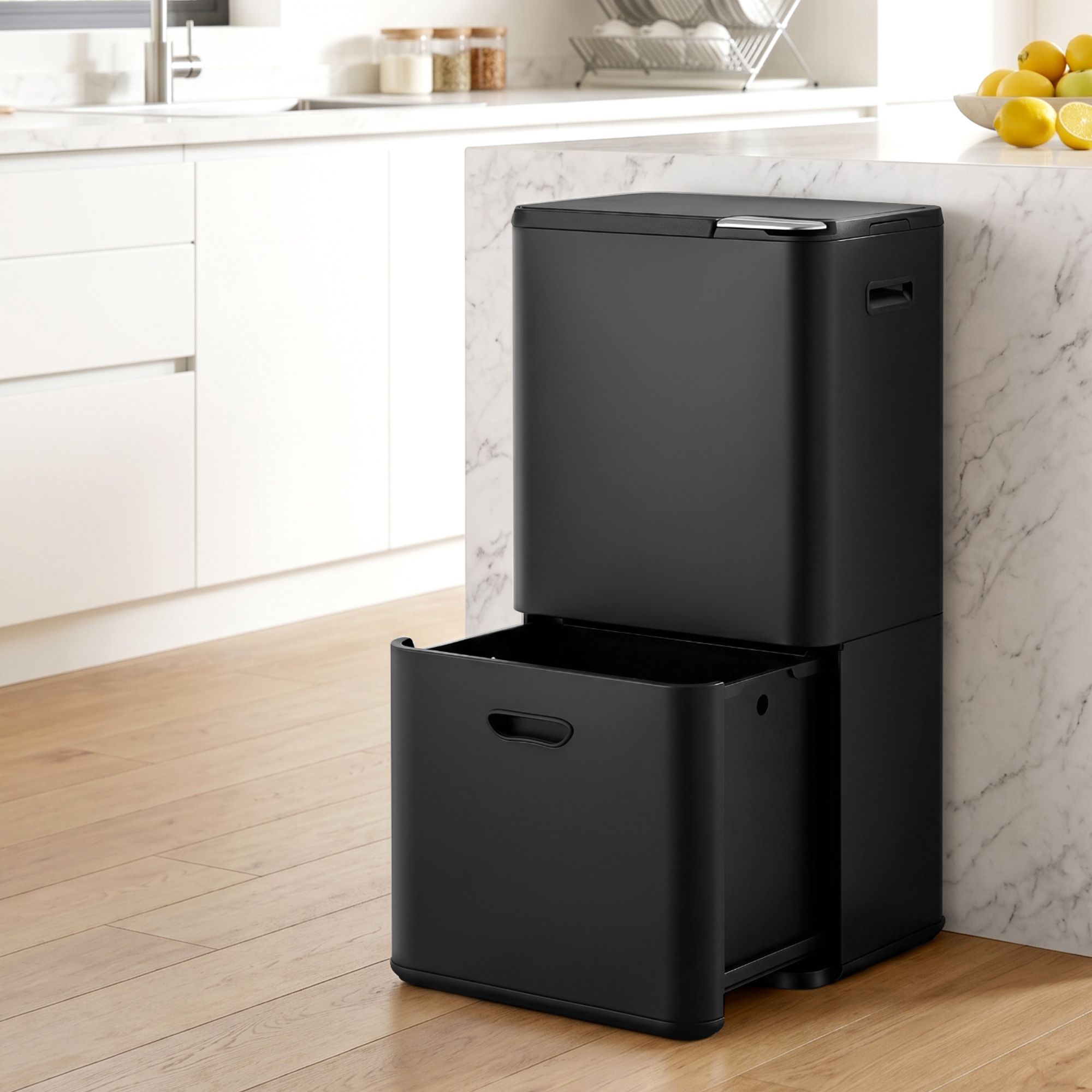 63L 3-Compartment Carbon Steel Split Door Rubbish Bin - Black