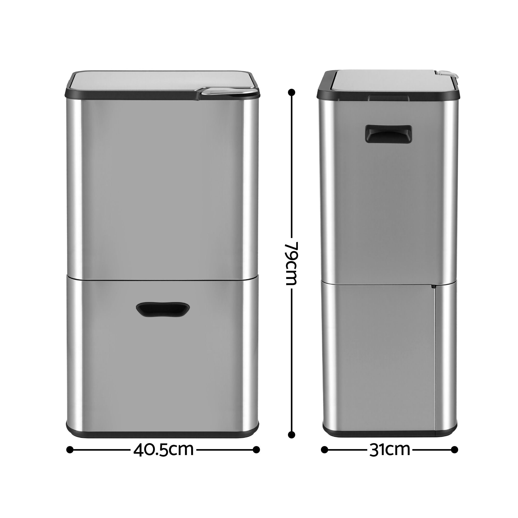 63L 3-Compartment Stainless Steel Split Door Rubbish Bin - Silver