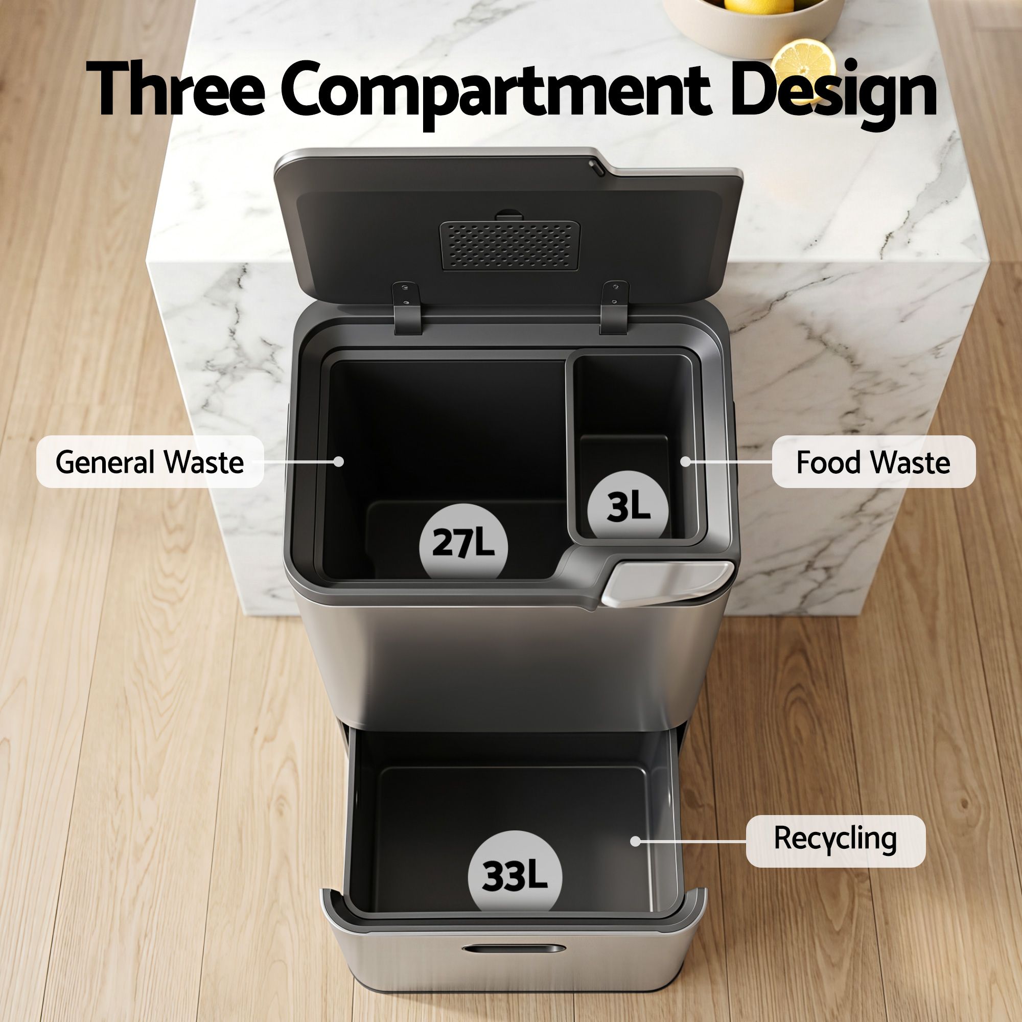 63L 3-Compartment Stainless Steel Split Door Rubbish Bin - Silver
