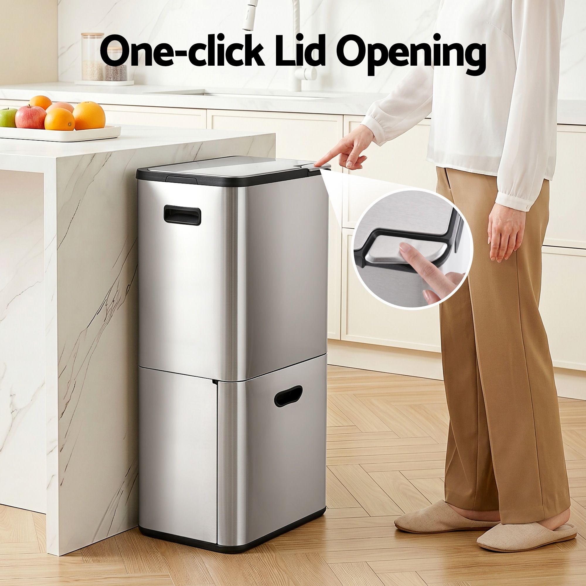 63L 3-Compartment Stainless Steel Split Door Rubbish Bin - Silver