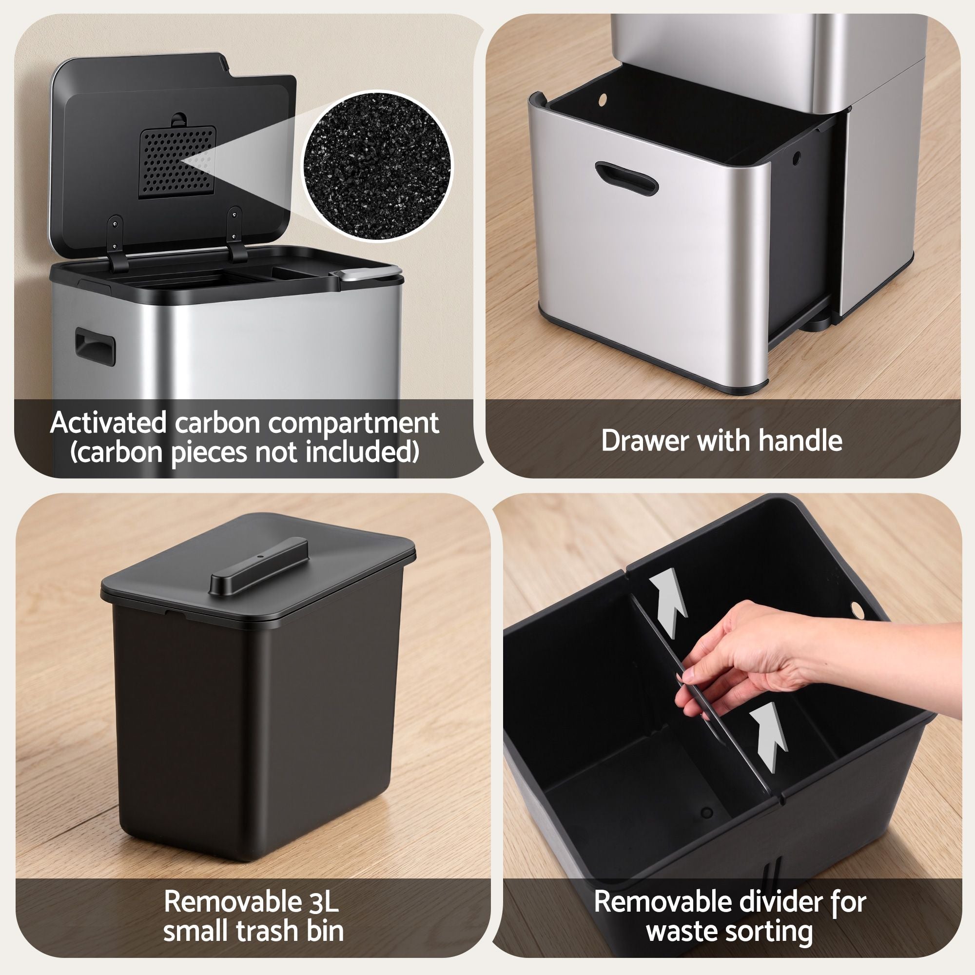 63L 3-Compartment Stainless Steel Split Door Rubbish Bin - Silver