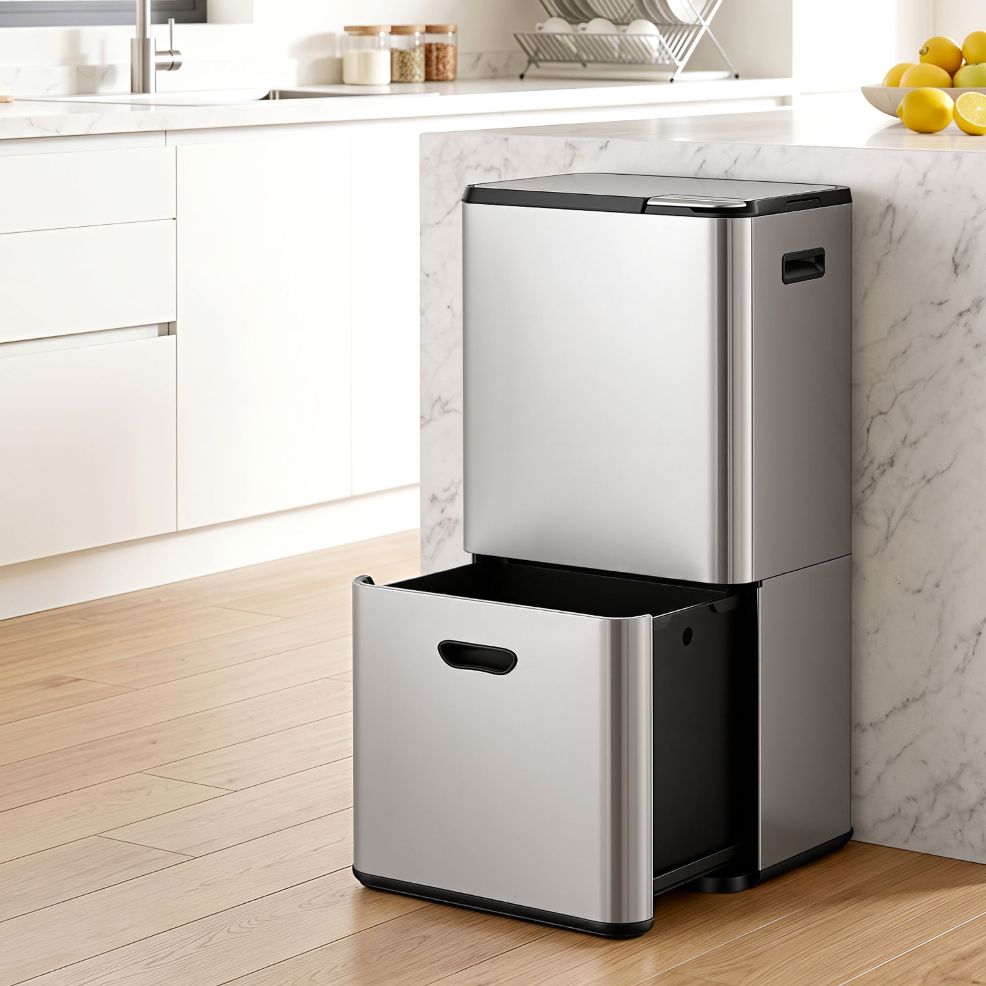 63L 3-Compartment Stainless Steel Split Door Rubbish Bin - Silver
