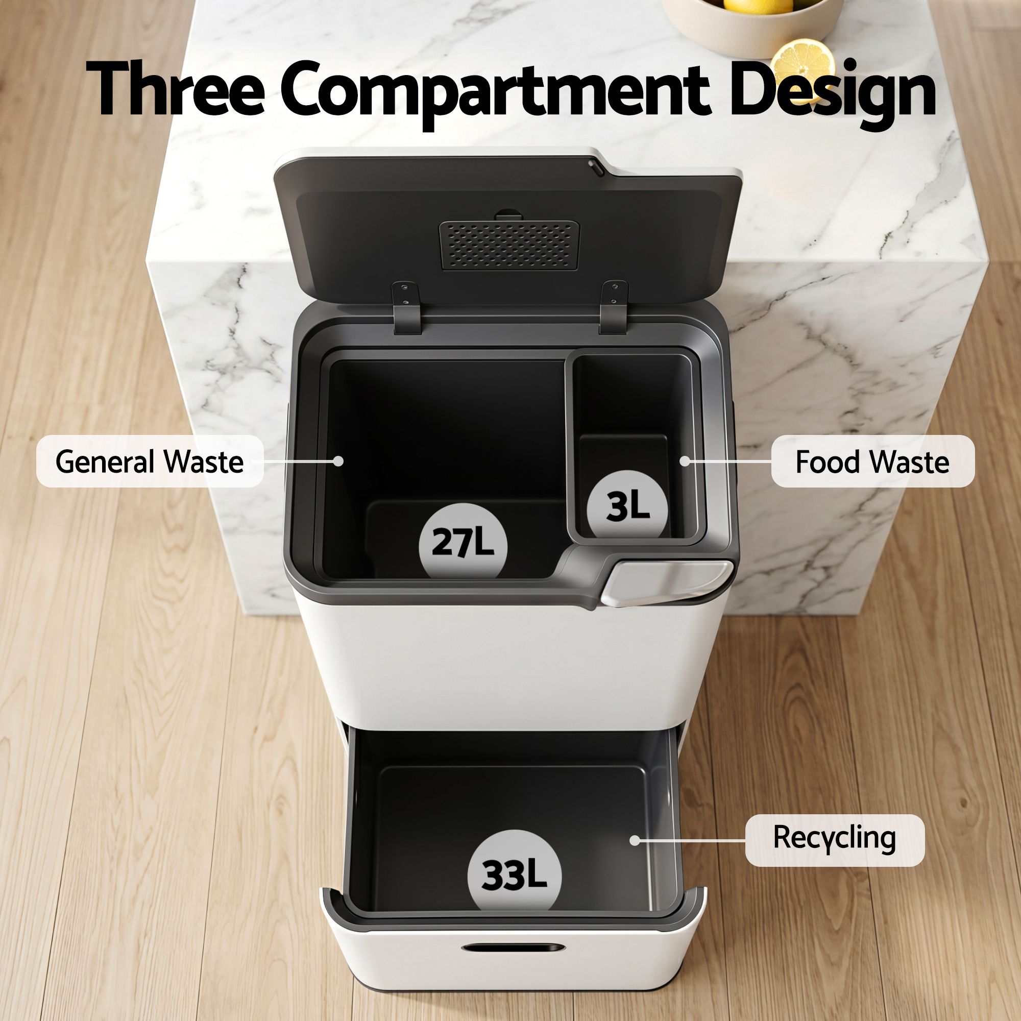 63L 3-Compartment Carbon Steel Rubbish Bin with Split Door - White