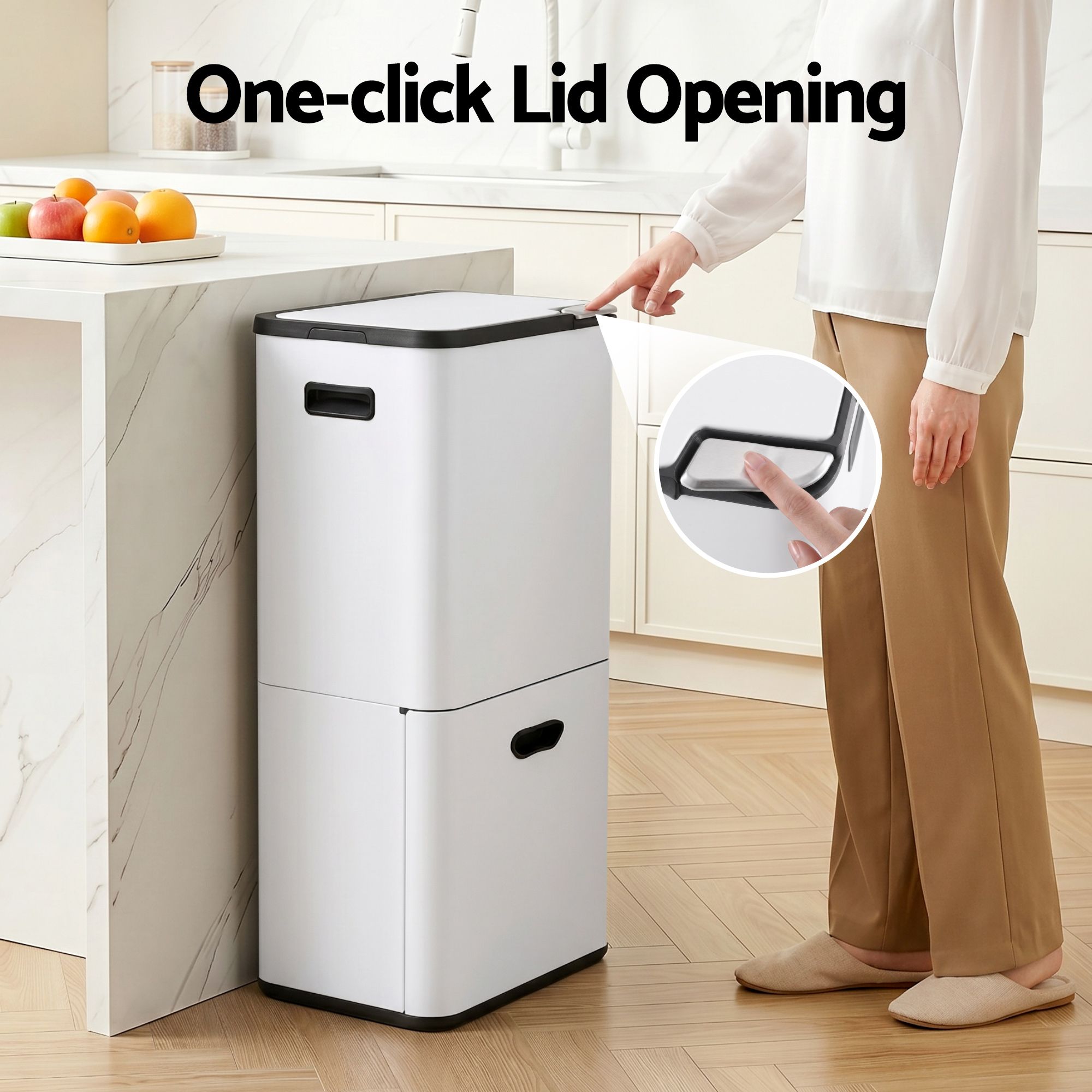 63L 3-Compartment Carbon Steel Rubbish Bin with Split Door - White