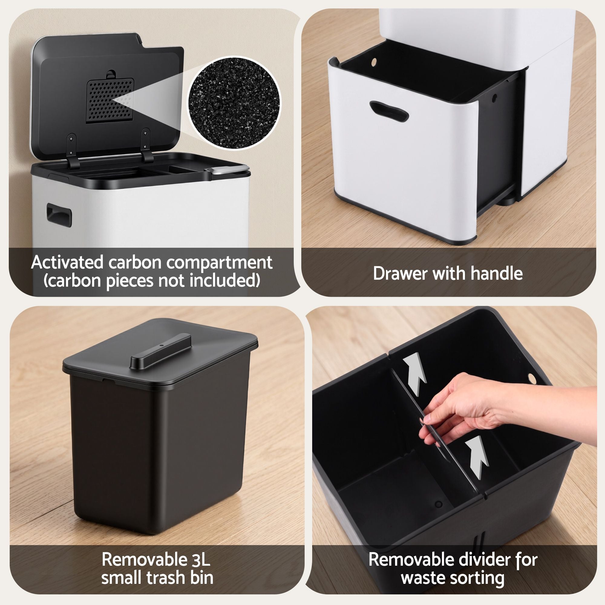 63L 3-Compartment Carbon Steel Rubbish Bin with Split Door - White