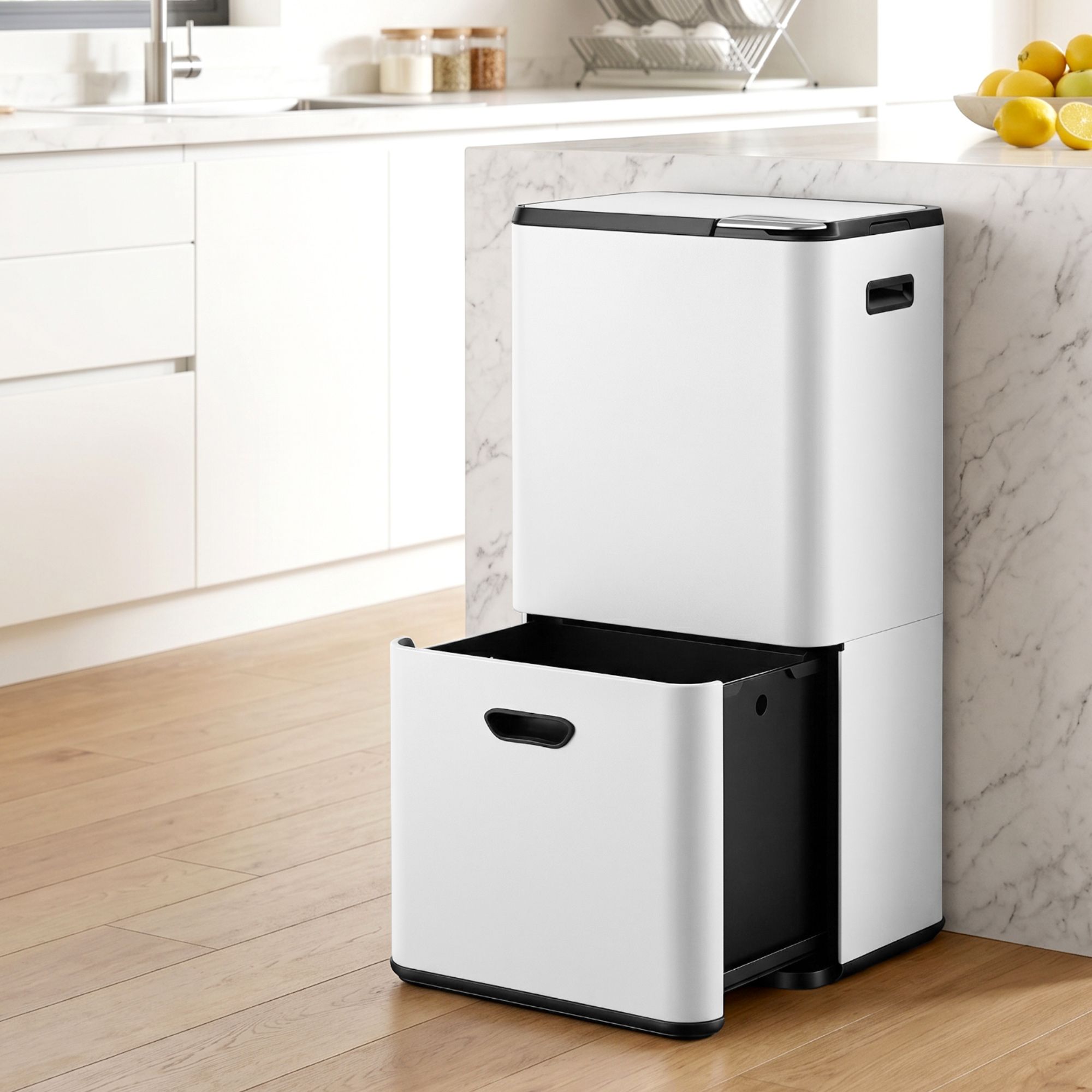 63L 3-Compartment Carbon Steel Rubbish Bin with Split Door - White