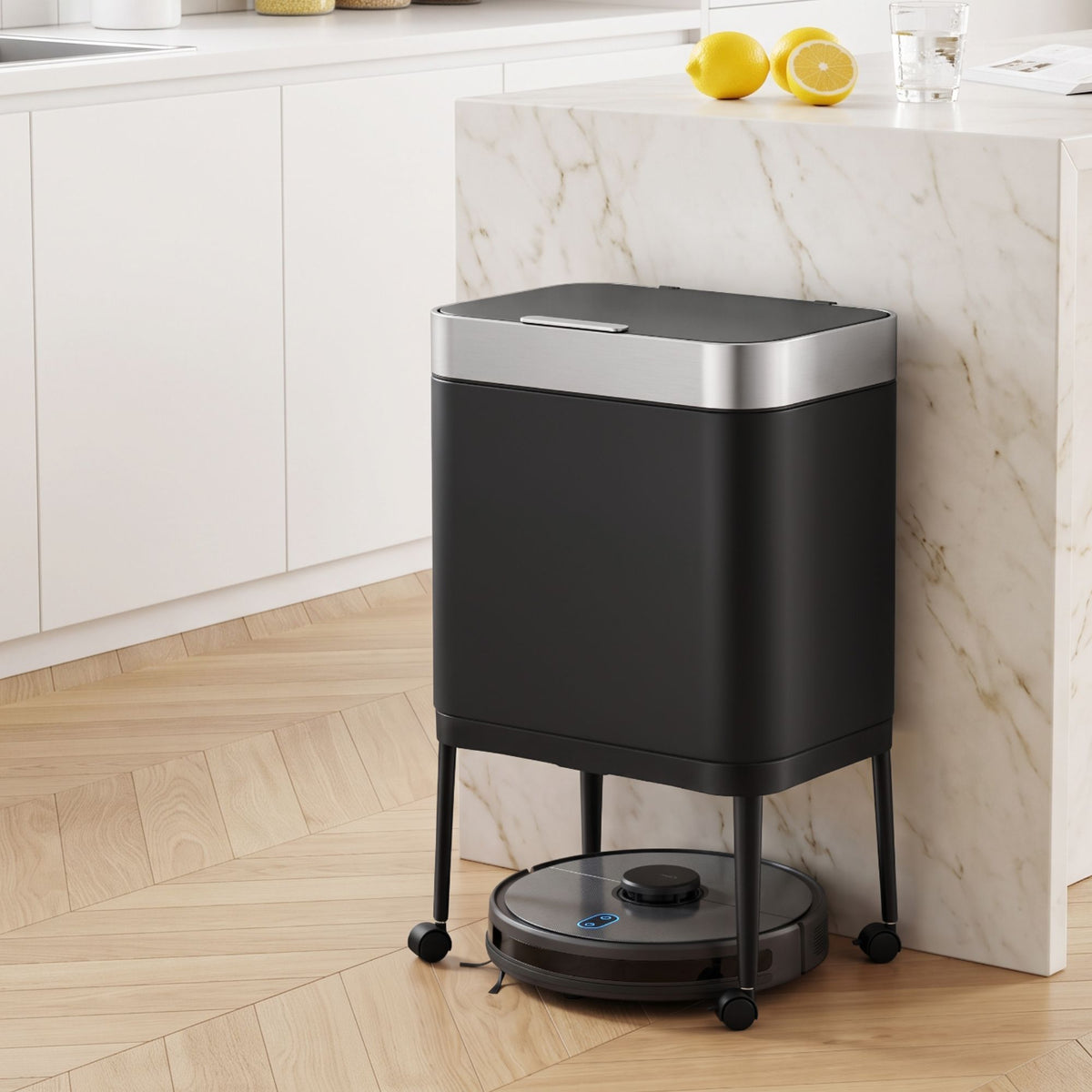 40L Press Top Mobile Kitchen Trash Can with Odour Control - Black Stainless Steel