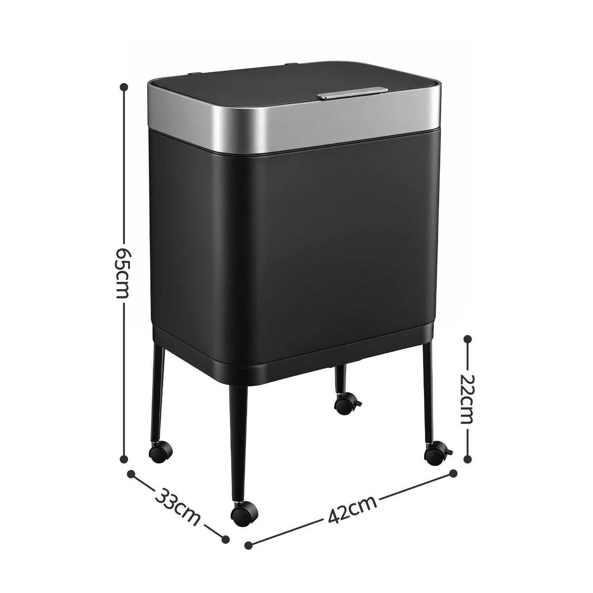 40L Press Top Mobile Kitchen Trash Can with Odour Control - Black Stainless Steel