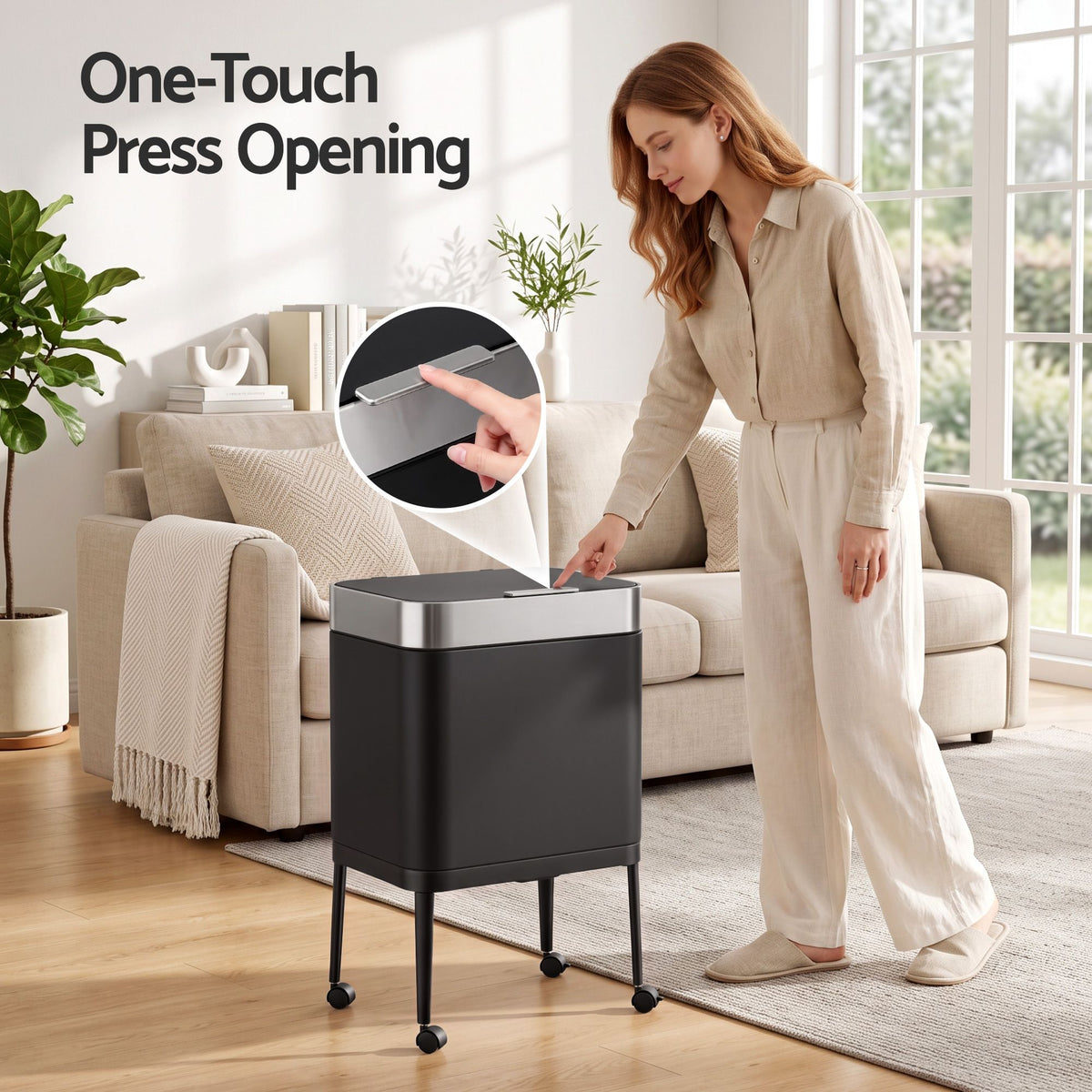 40L Press Top Mobile Kitchen Trash Can with Odour Control - Black Stainless Steel
