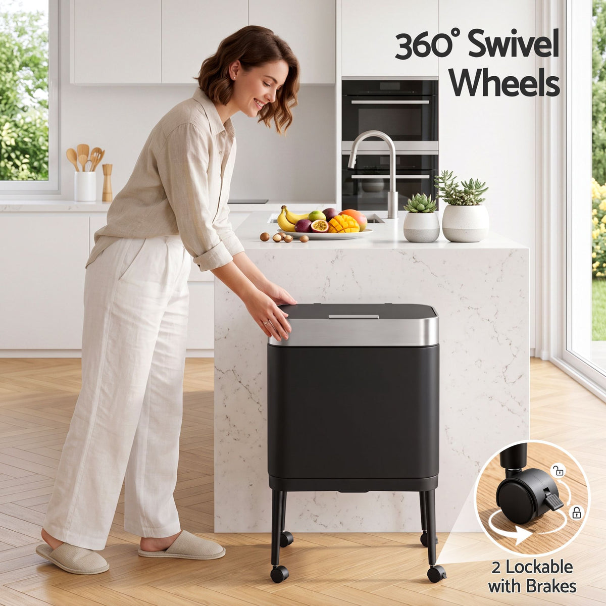 40L Press Top Mobile Kitchen Trash Can with Odour Control - Black Stainless Steel