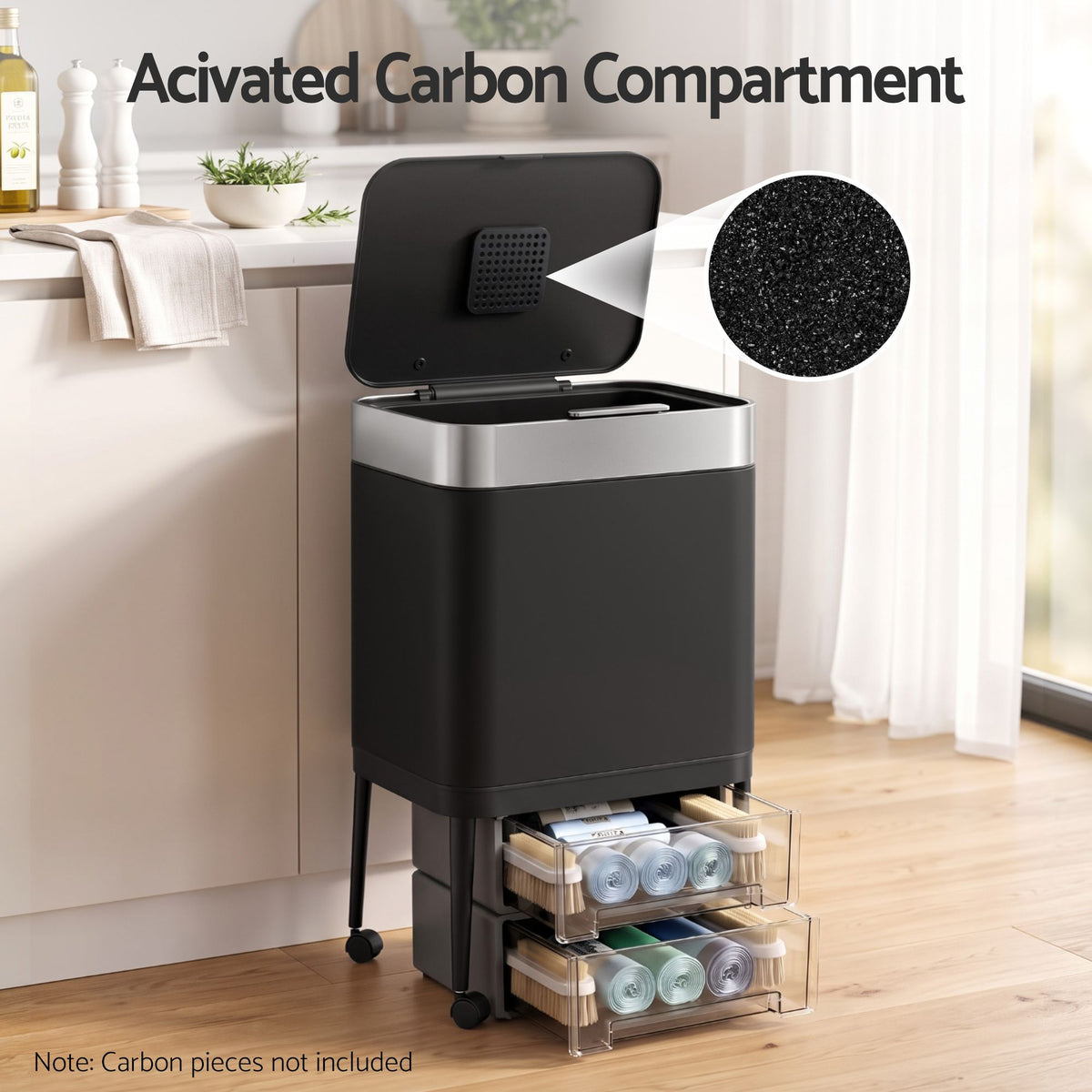 40L Press Top Mobile Kitchen Trash Can with Odour Control - Black Stainless Steel