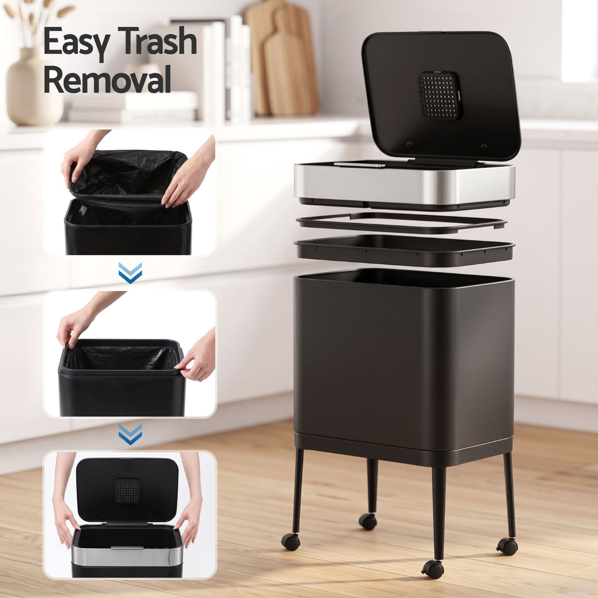 40L Press Top Mobile Kitchen Trash Can with Odour Control - Black Stainless Steel
