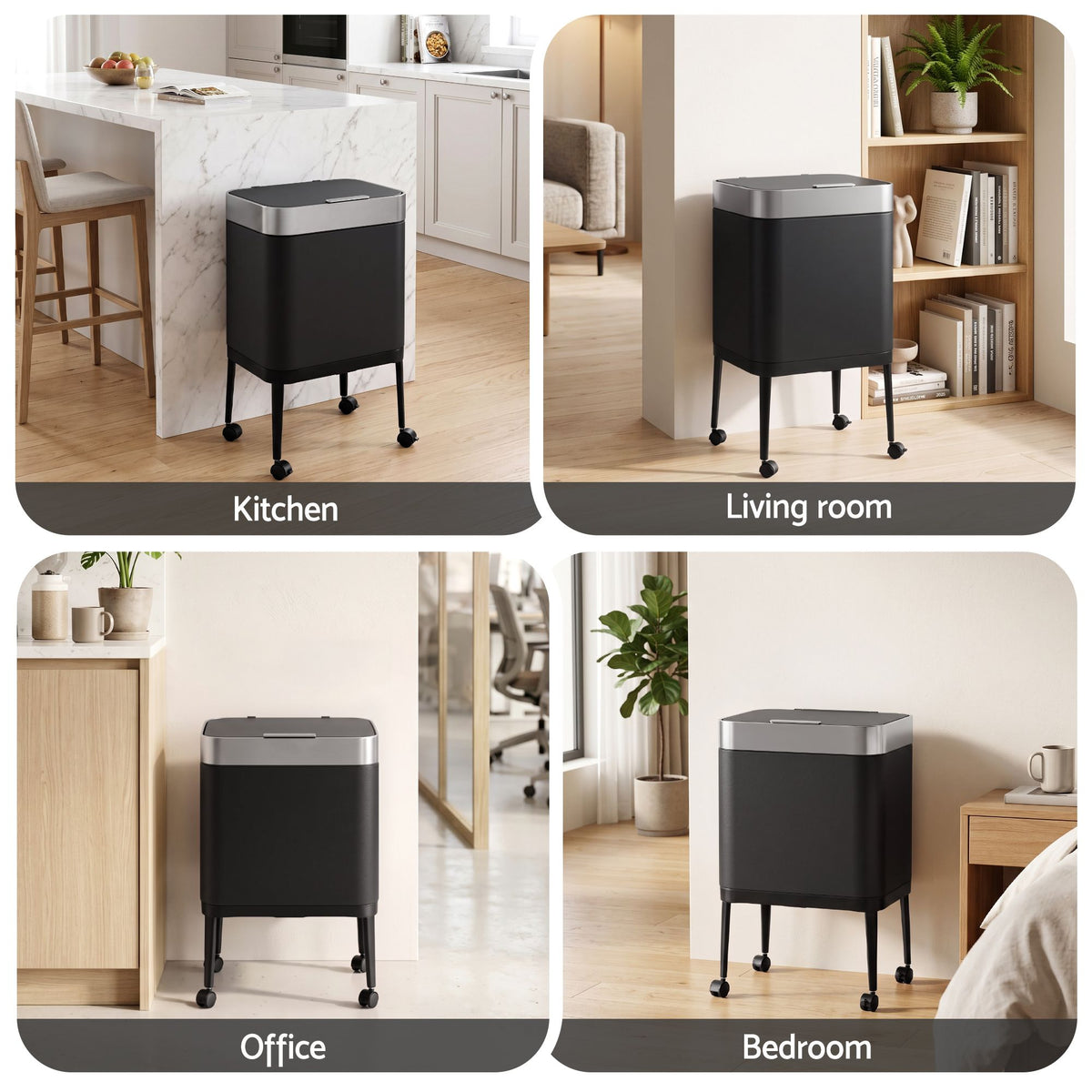 40L Press Top Mobile Kitchen Trash Can with Odour Control - Black Stainless Steel