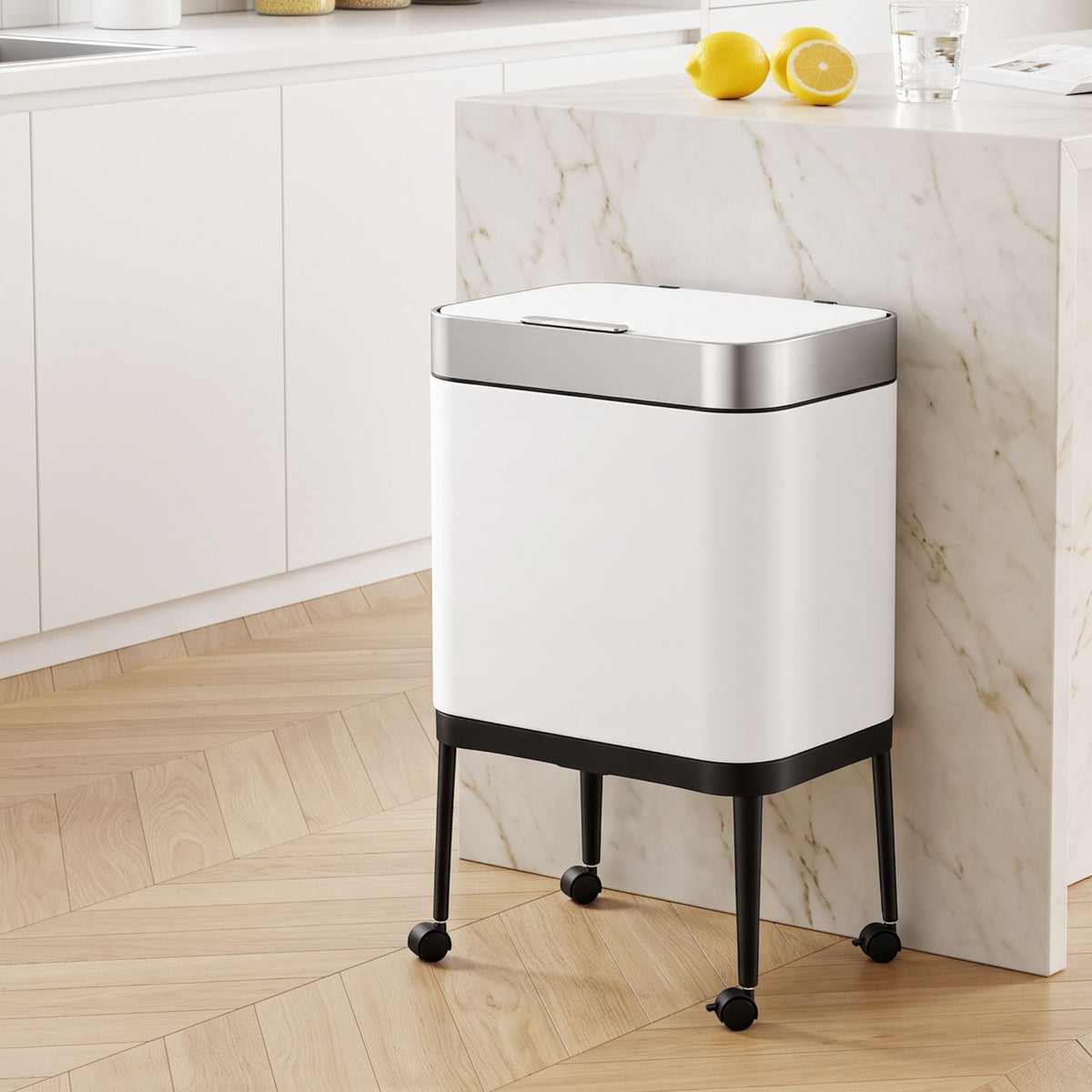 40L Press Top Mobile Kitchen Trash Can Stainless Steel - White