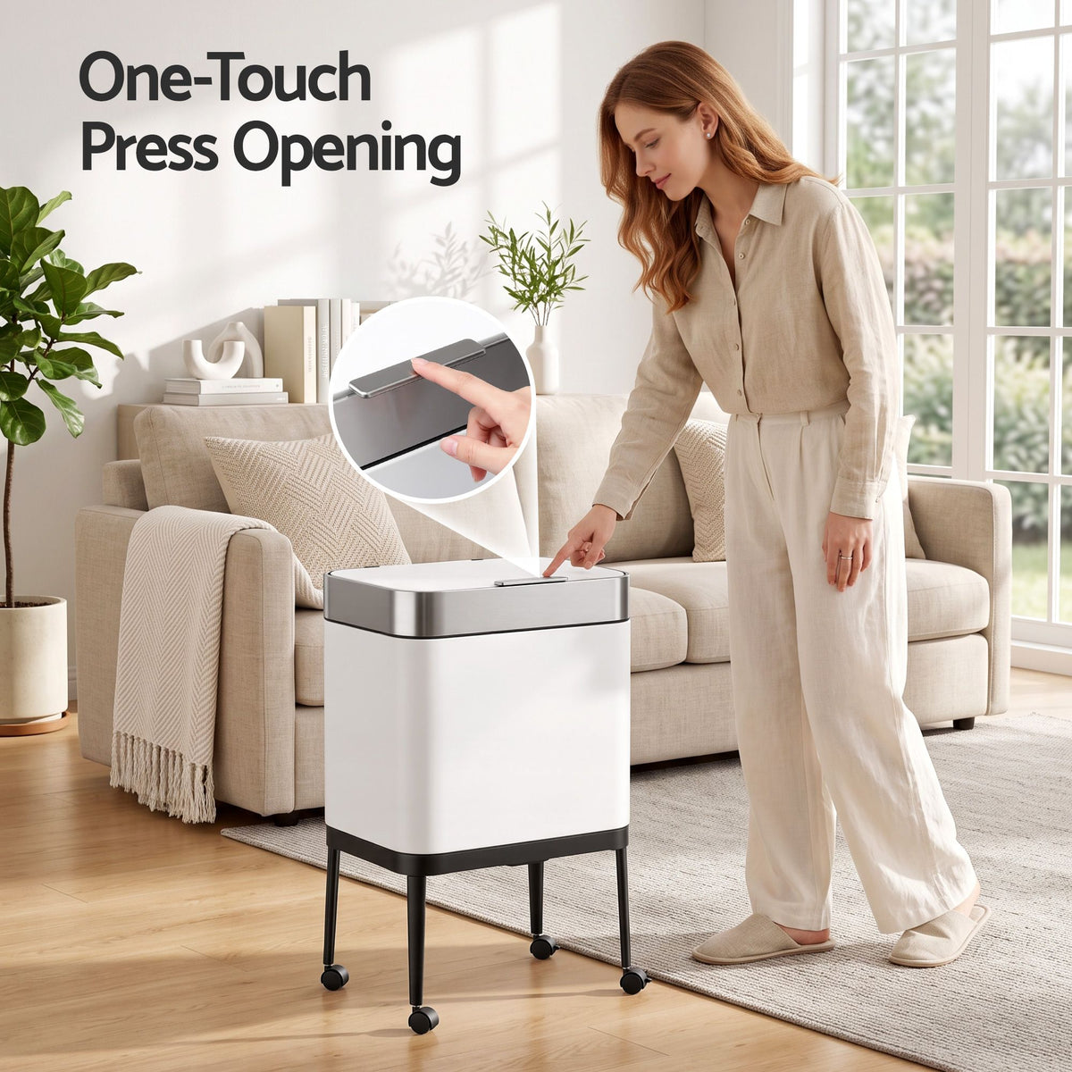 40L Press Top Mobile Kitchen Trash Can Stainless Steel - White