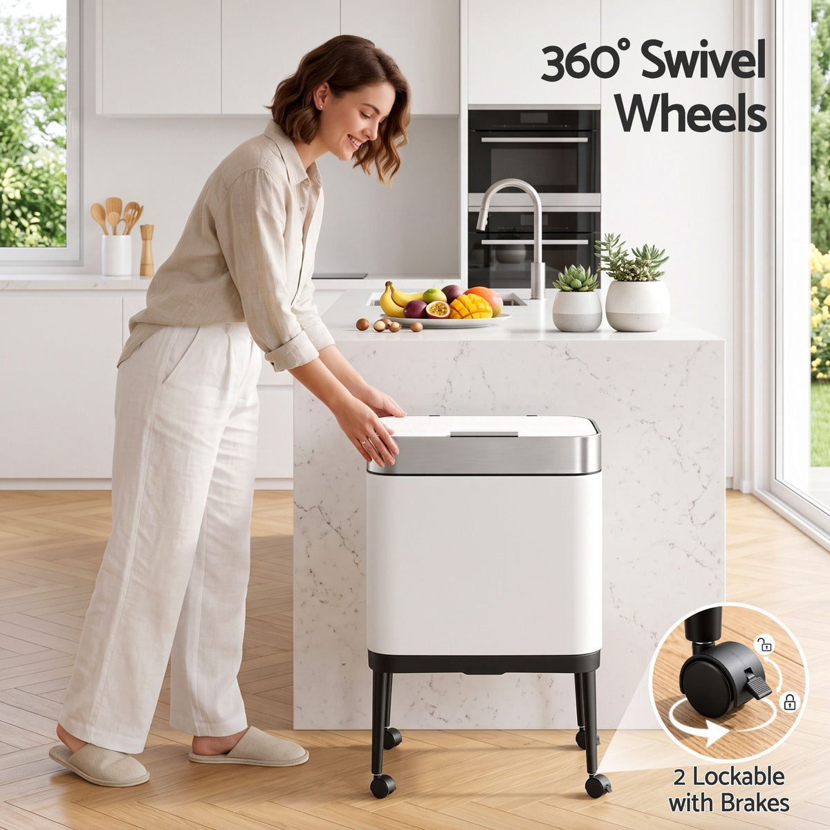 40L Press Top Mobile Kitchen Trash Can Stainless Steel - White