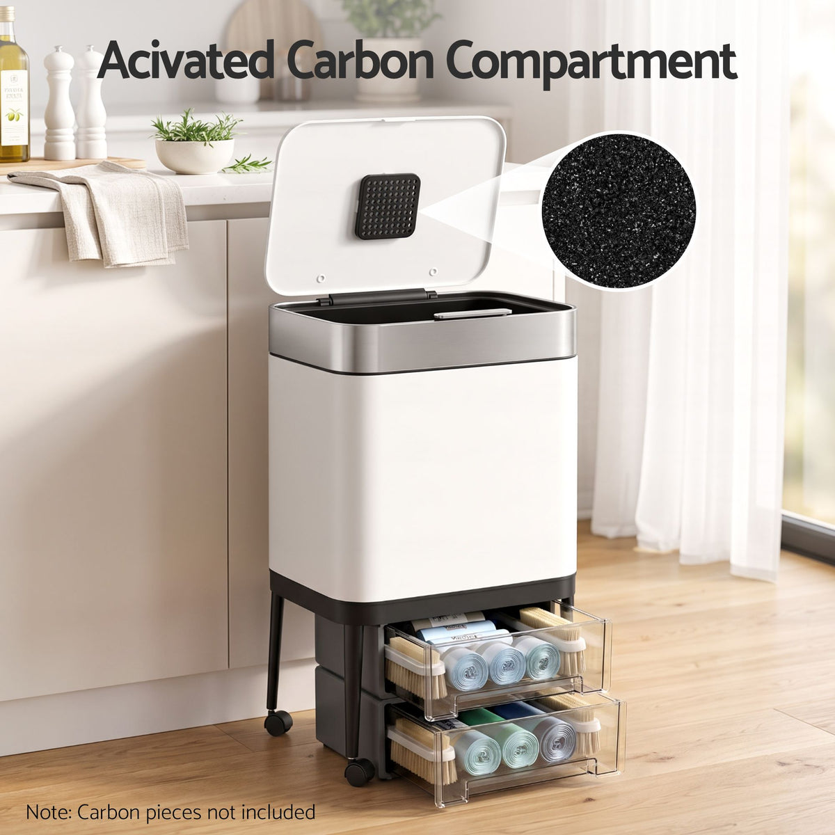 40L Press Top Mobile Kitchen Trash Can Stainless Steel - White