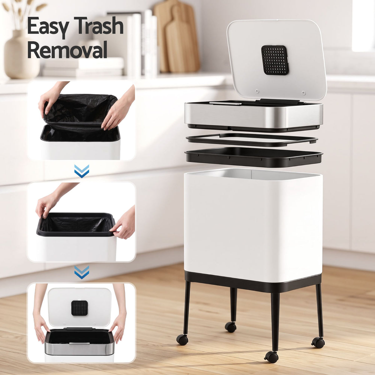 40L Press Top Mobile Kitchen Trash Can Stainless Steel - White