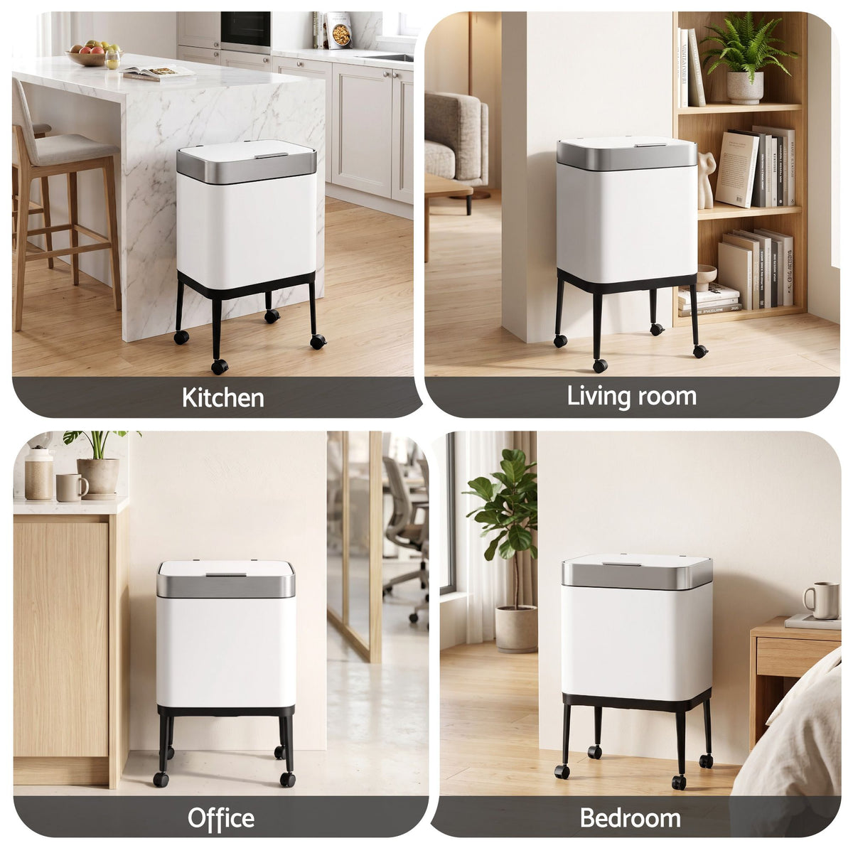 40L Press Top Mobile Kitchen Trash Can Stainless Steel - White