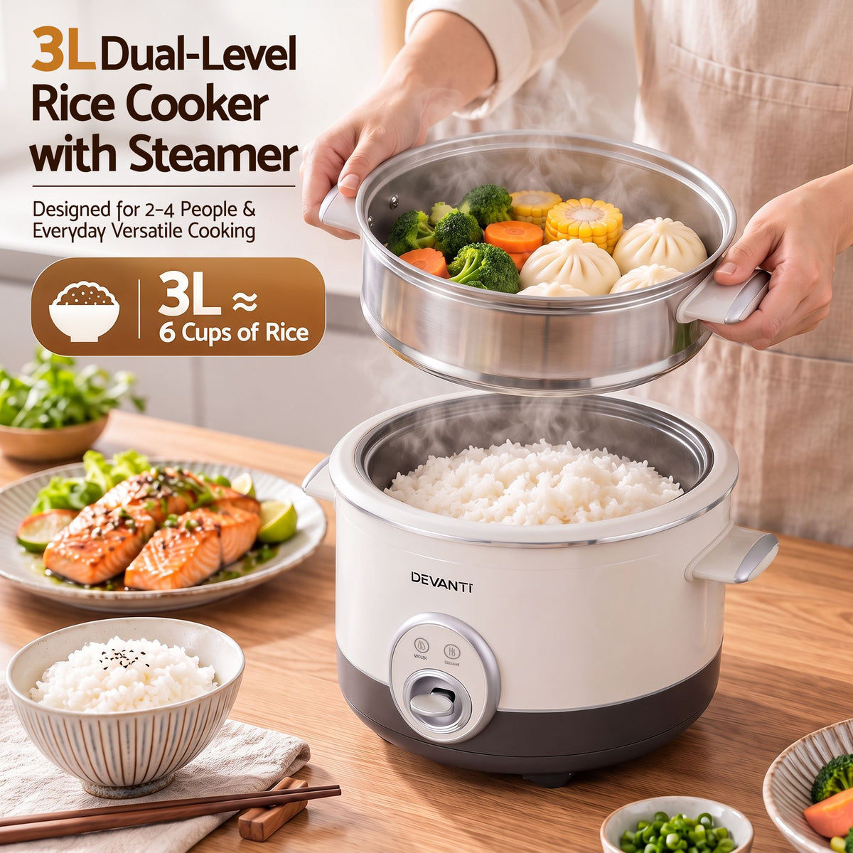 3L Multi Cooker with Steamer and 6 Cup Rice Capacity
