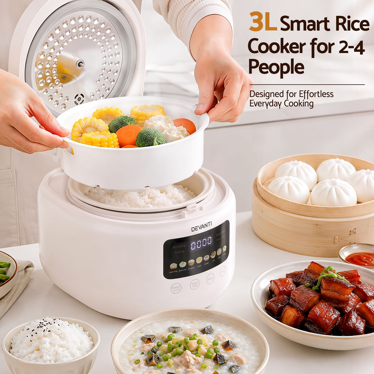 3L 6-Cup 8-in-1 Multi Rice Cooker with 24H Preset - Off-White