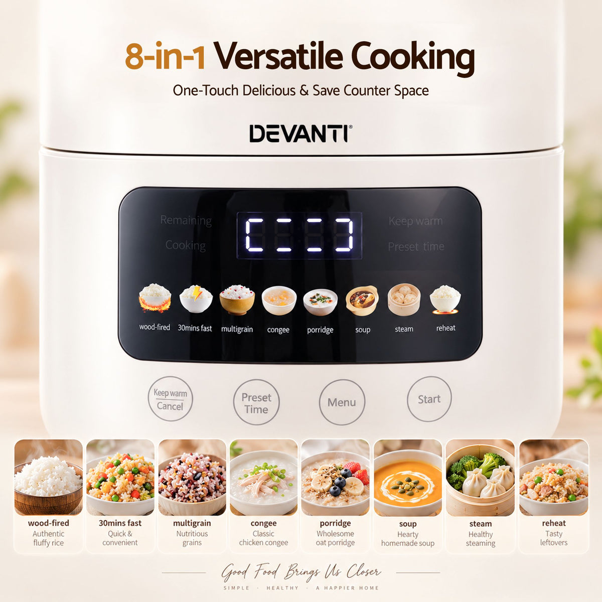 3L 6-Cup 8-in-1 Multi Rice Cooker with 24H Preset - Off-White