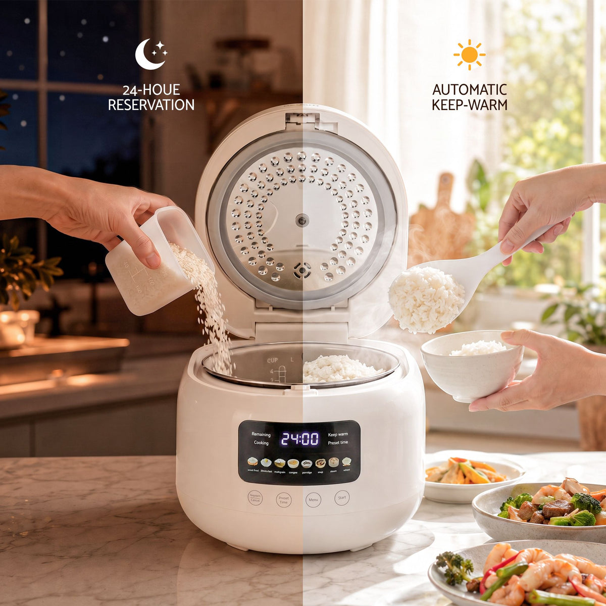 3L 6-Cup 8-in-1 Multi Rice Cooker with 24H Preset - Off-White