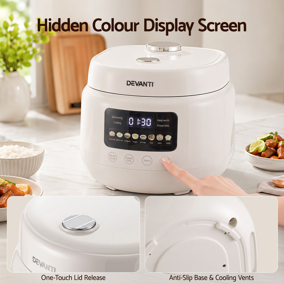3L 6-Cup 8-in-1 Multi Rice Cooker with 24H Preset - Off-White