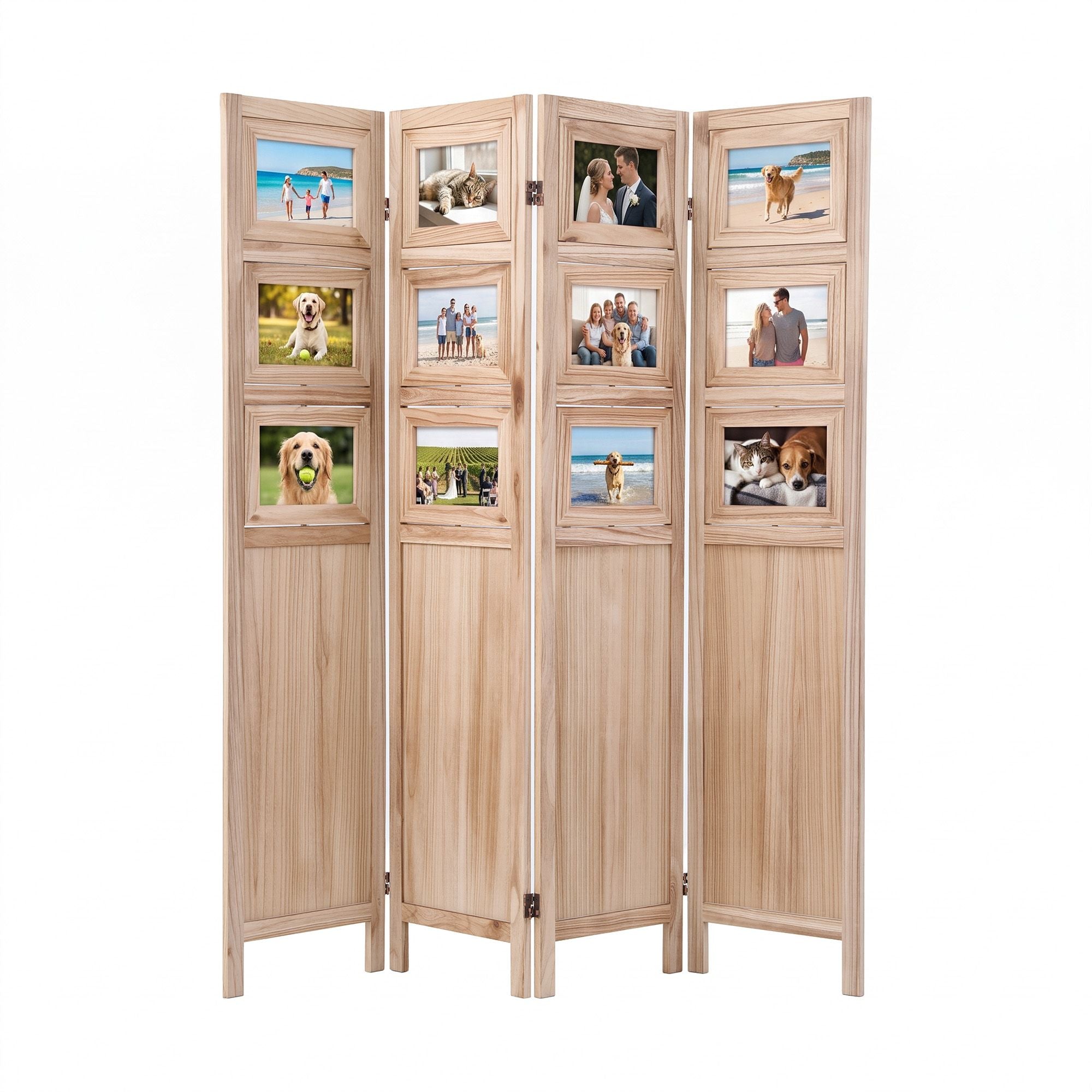 Room Divider 4 Panel Folding Privacy Screen Partition Rotatable Photo Frame Picture Collage Display Solid Wood Natural