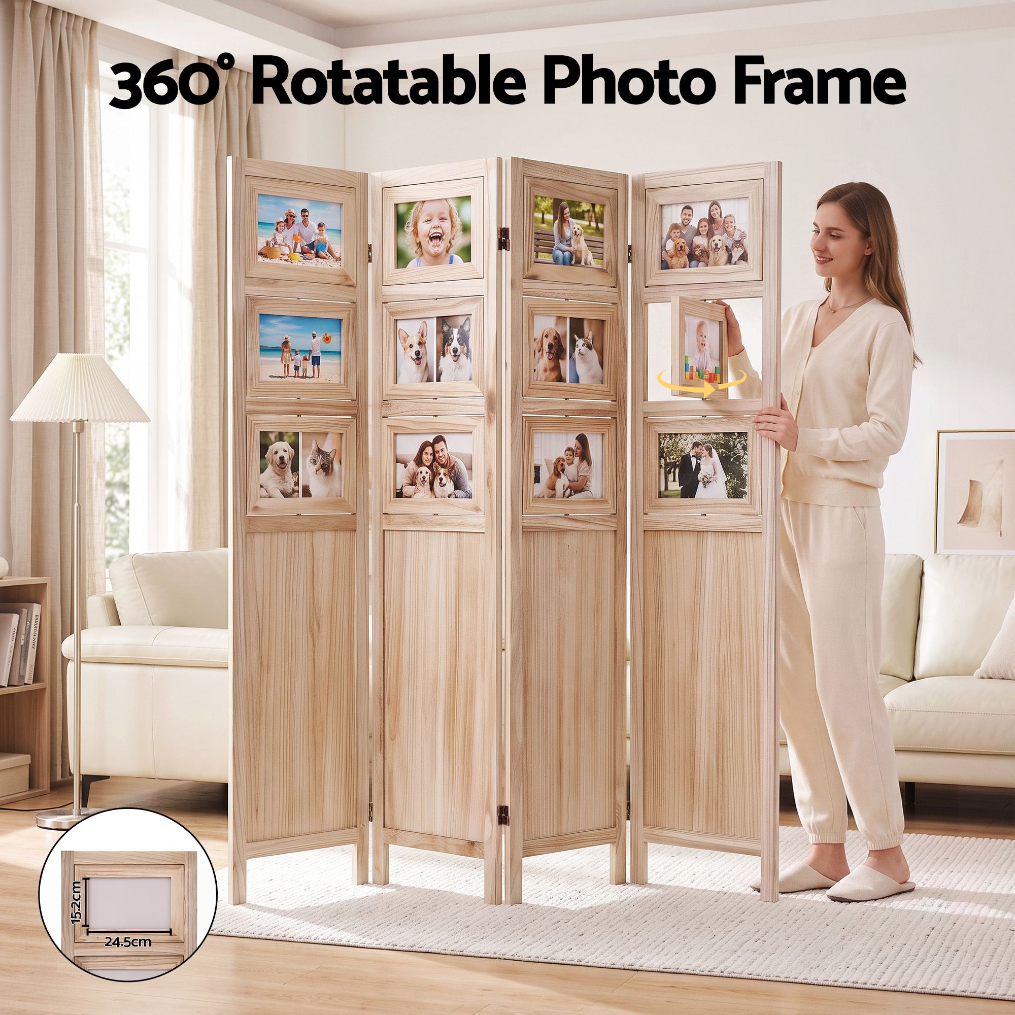 Room Divider 4 Panel Folding Privacy Screen Partition Rotatable Photo Frame Picture Collage Display Solid Wood Natural
