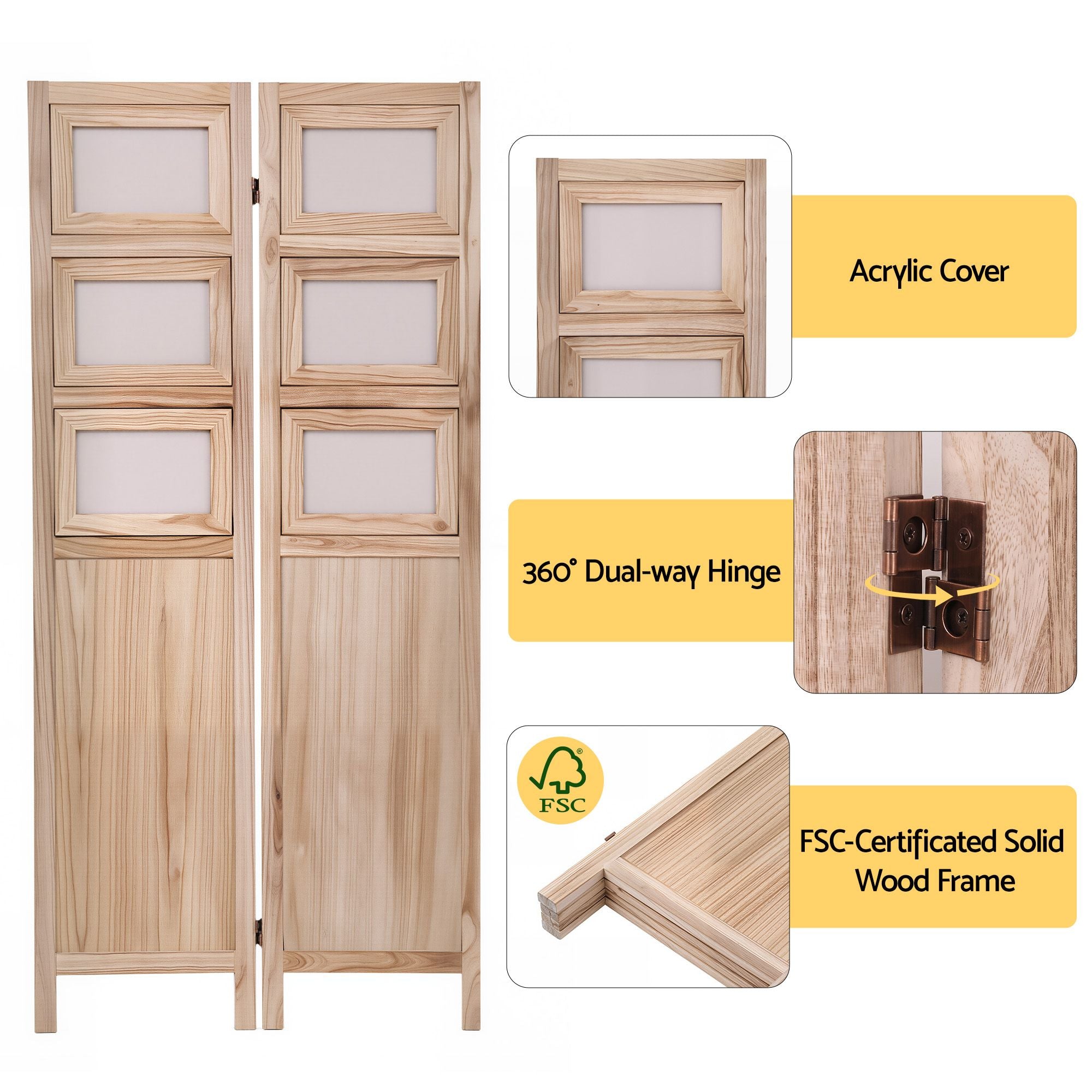 Room Divider 4 Panel Folding Privacy Screen Partition Rotatable Photo Frame Picture Collage Display Solid Wood Natural