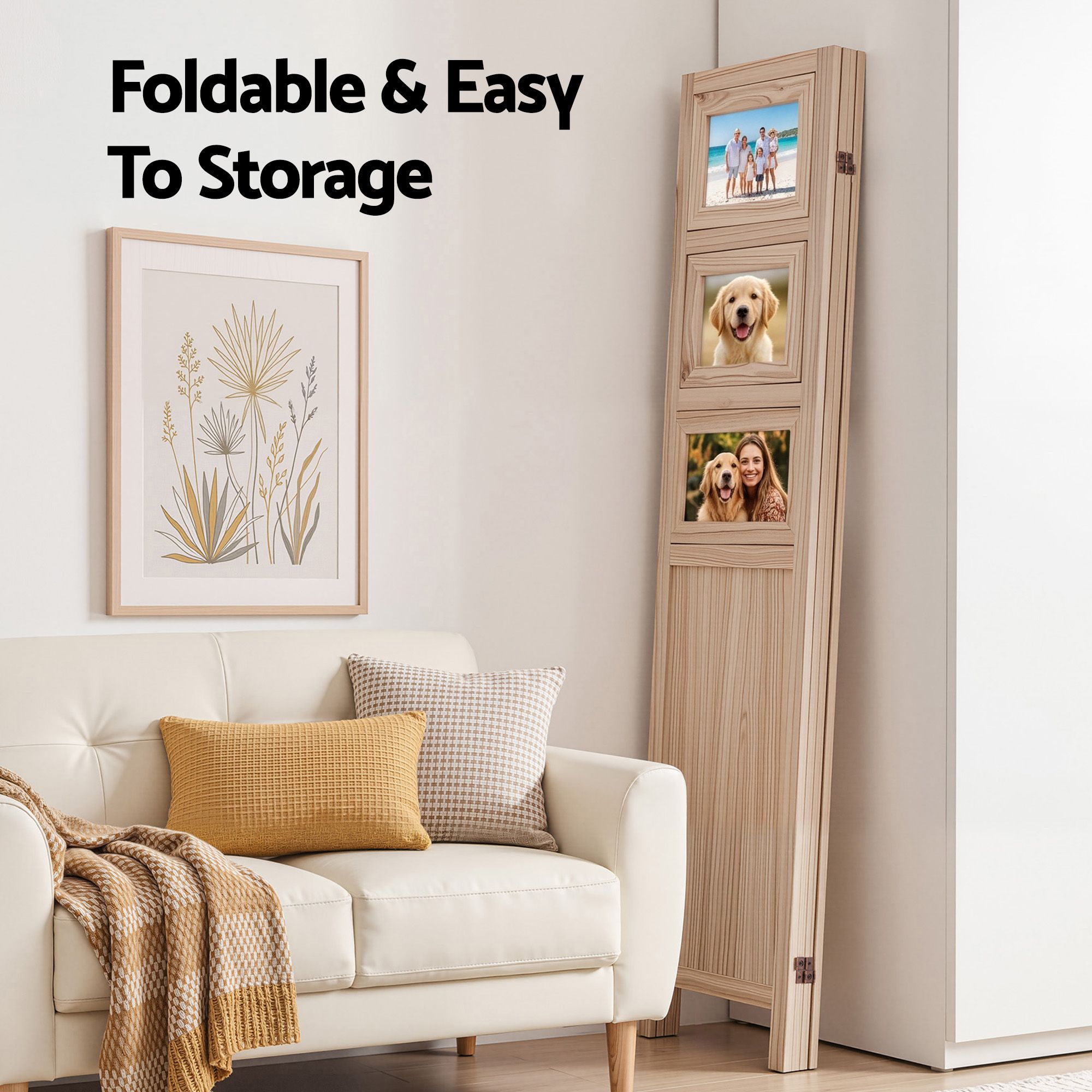 Room Divider 4 Panel Folding Privacy Screen Partition Rotatable Photo Frame Picture Collage Display Solid Wood Natural