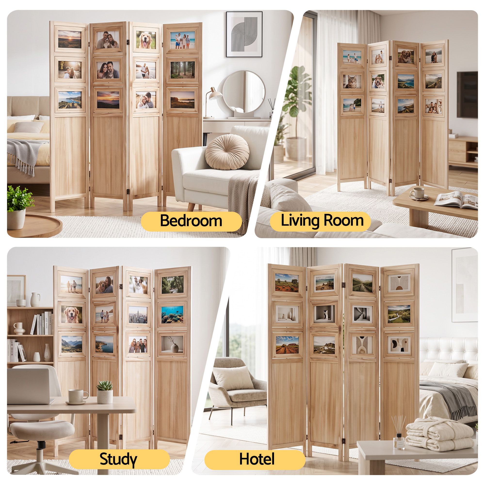 Room Divider 4 Panel Folding Privacy Screen Partition Rotatable Photo Frame Picture Collage Display Solid Wood Natural