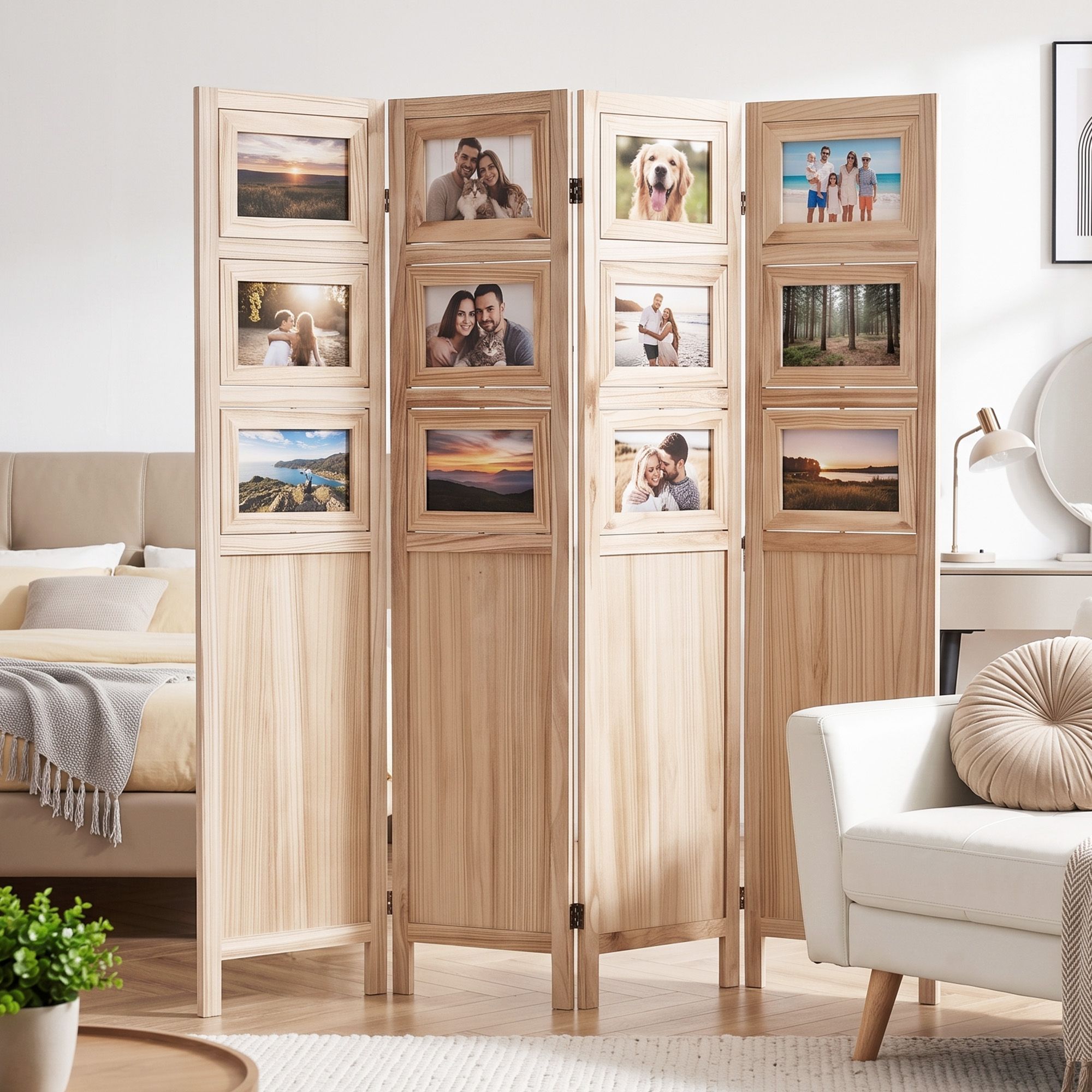 Room Divider 4 Panel Folding Privacy Screen Partition Rotatable Photo Frame Picture Collage Display Solid Wood Natural