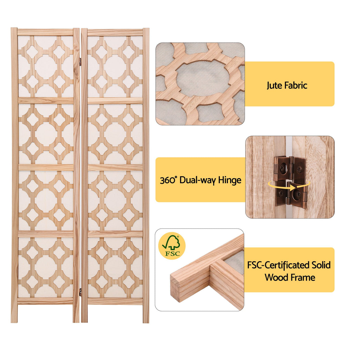 4 Panel Folding Room Divider Privacy Screen Wooden Partition 170cm - Natural