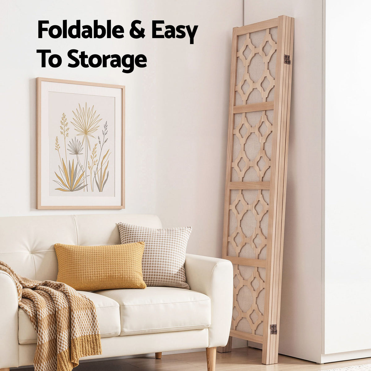 4 Panel Folding Room Divider Privacy Screen Wooden Partition 170cm - Natural