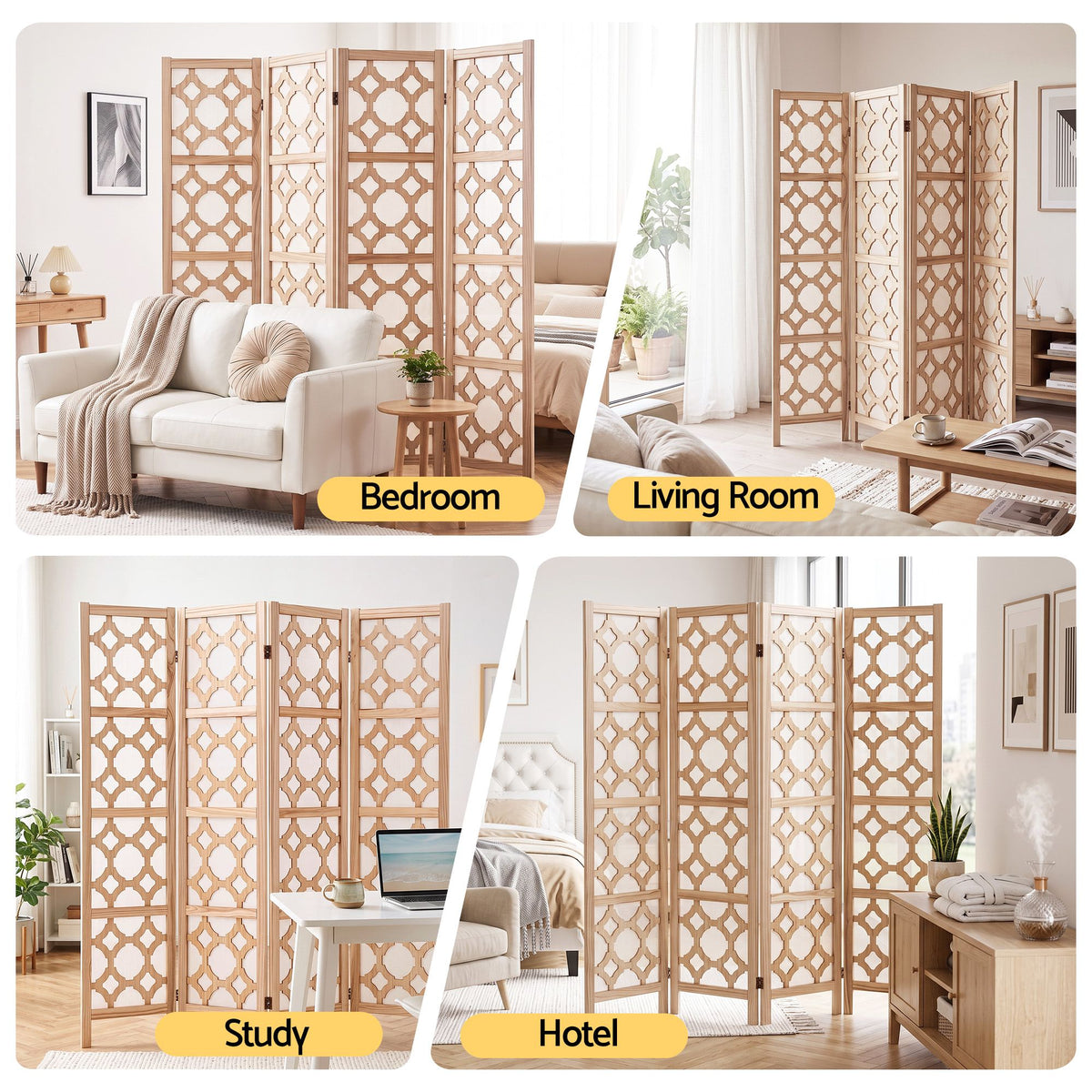 4 Panel Folding Room Divider Privacy Screen Wooden Partition 170cm - Natural