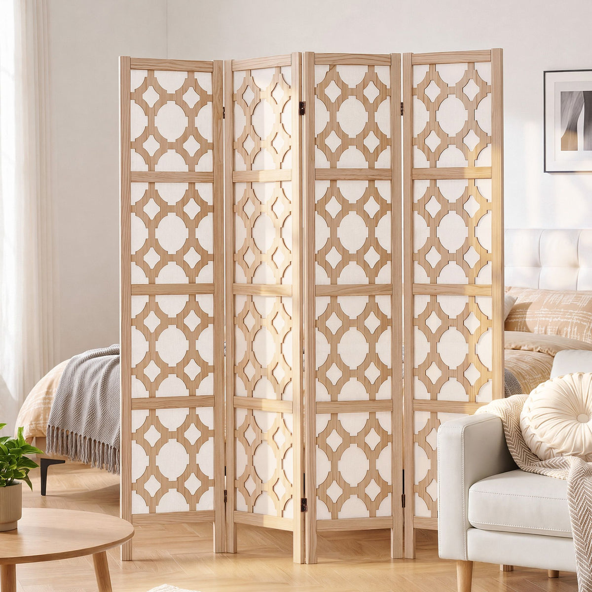 4 Panel Folding Room Divider Privacy Screen Wooden Partition 170cm - Natural