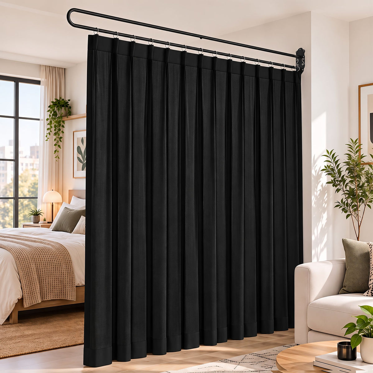 Room Divider Wall Mounted Hanging Curtain Partition Screen 200x220cm - Black