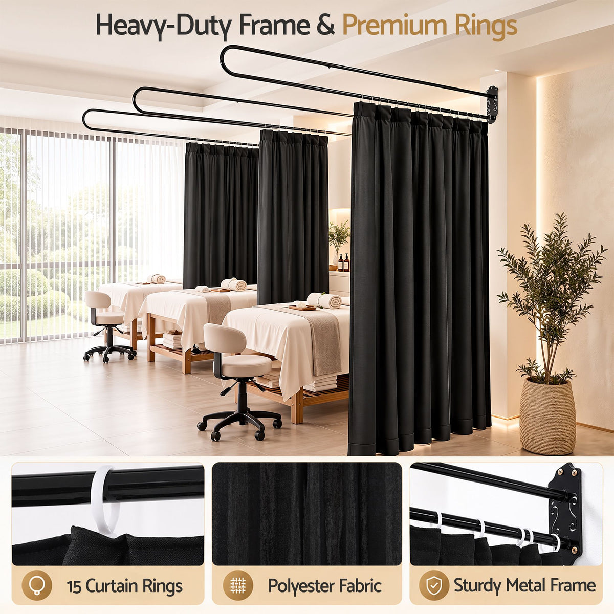 Room Divider Wall Mounted Hanging Curtain Partition Screen 200x220cm - Black