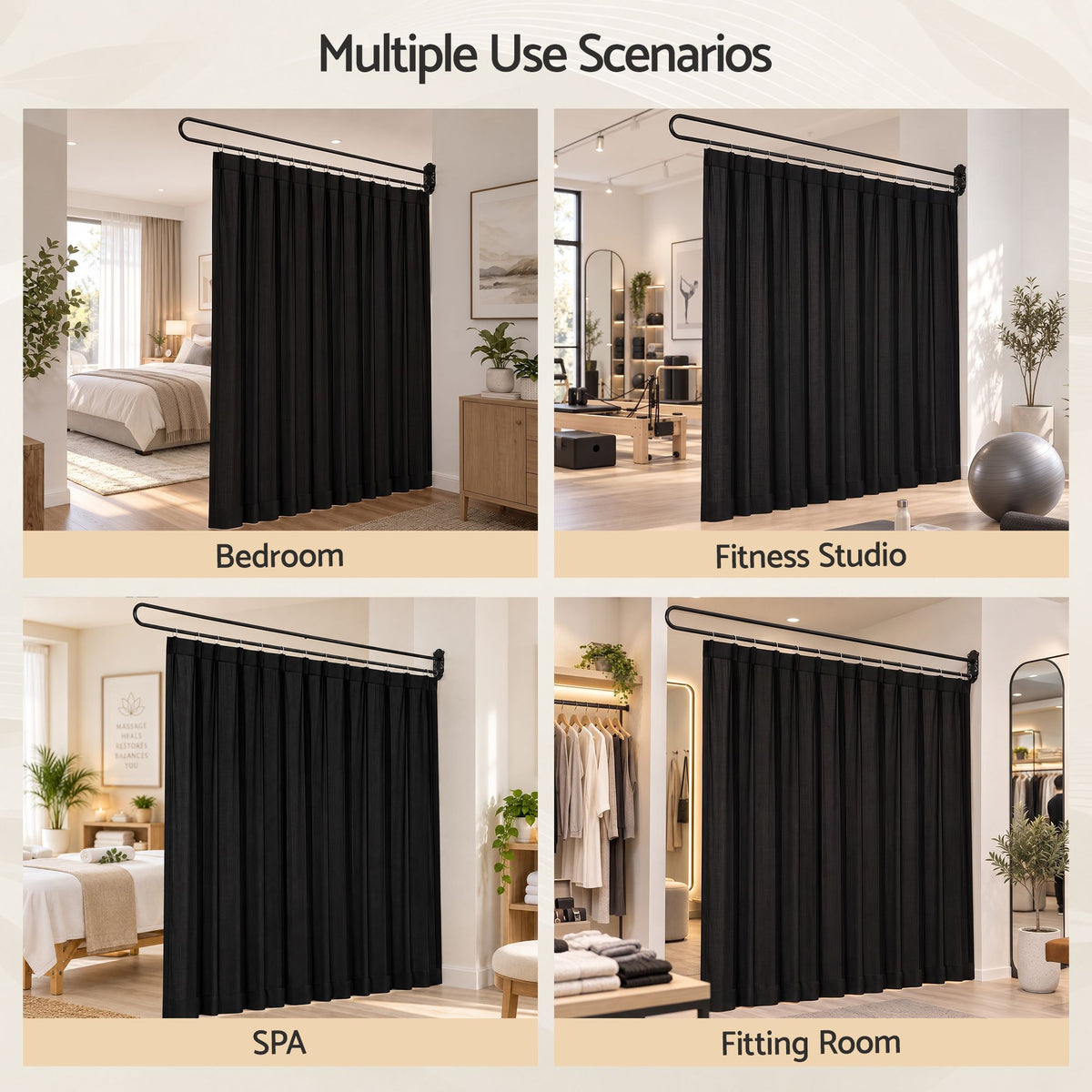 Room Divider Wall Mounted Hanging Curtain Partition Screen 200x220cm - Black
